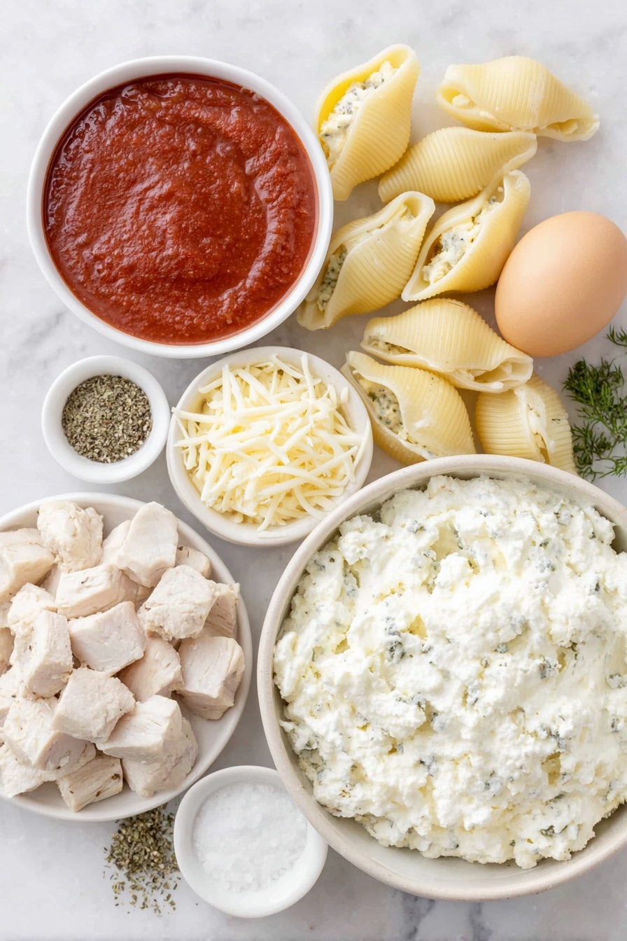Cheesy Chicken Stuffed Shells, stuffed shell pasta, cheesy chicken dinner, baked stuffed shells, easy Italian stuffed shells - Flat lay of jumbo pasta shells arranged beside a mound of creamy ricotta cheese in a simple white ceramic bowl, shredded mozzarella cheese scattered loosely on the surface, grated Parmesan cheese in a small neat pile, cooked chicken breast diced into bite-sized pieces on a white ceramic plate, one whole uncracked brown egg, dried parsley and oregano sprinkled artfully on the marble, salt and black pepper in tiny white ceramic bowls, and a small white bowl filled with vibrant red pasta sauce, all placed on a clean white marble surface, soft natural light, photo taken with an iPhone, professional food photography style, fresh ingredients, white ceramic bowls, no bottles, no duplicates, no utensils, no packaging --ar 2:3 --v 7 --p m7354615311229779997