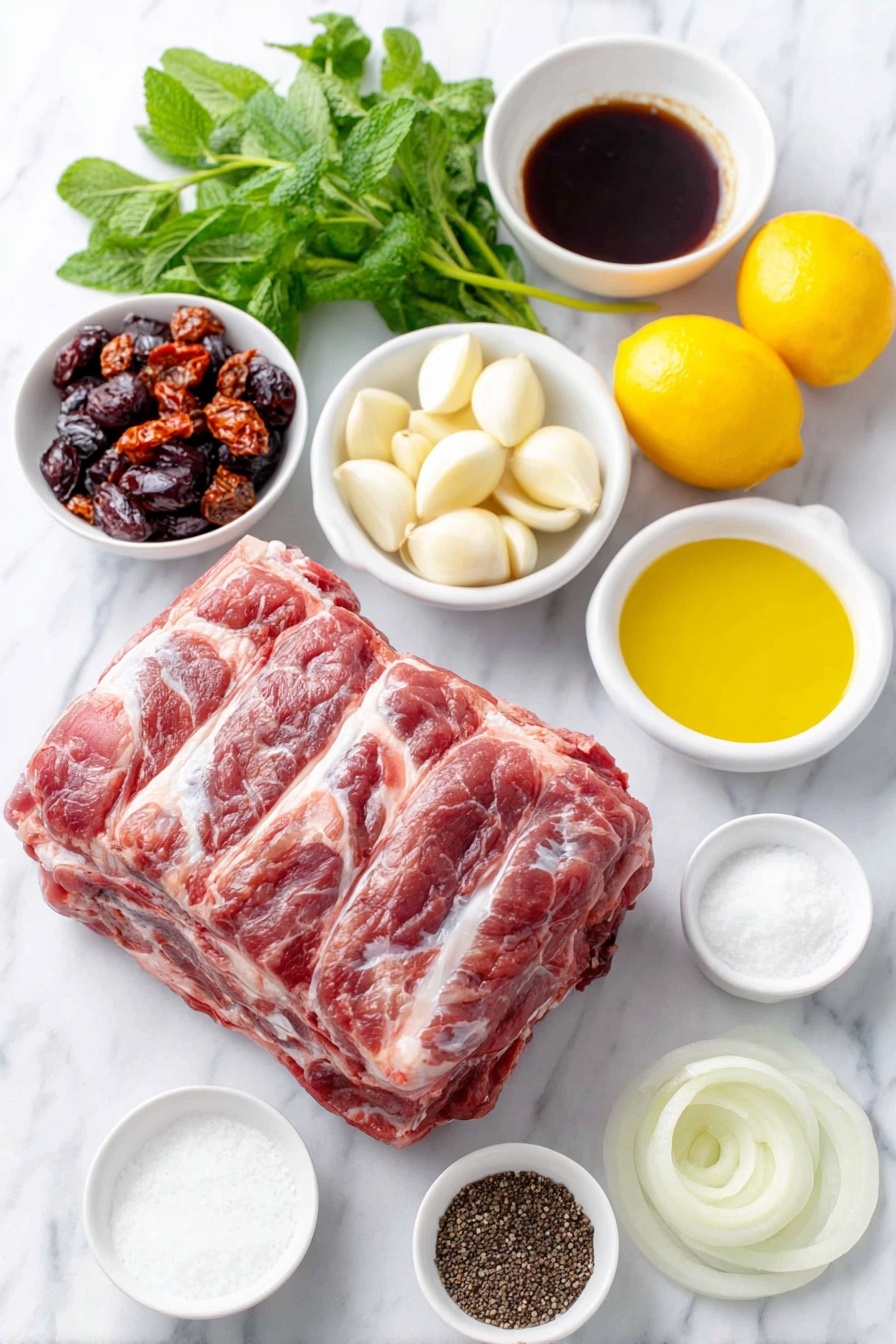 Slow Roasted Lamb Shoulder with Mint Sauce, Lamb shoulder recipe, slow roast lamb, mint sauce for lamb, tender lamb roast - Flat lay of a fresh bone-in lamb shoulder with a thick layer of fat, two large peeled yellow onions cut into thick rings, six whole uncracked garlic cloves, a few sprigs of fresh mint leaves, a small bunch of fresh parsley, chopped oil-packed sun dried tomatoes in a small white ceramic bowl, a small white bowl containing light golden olive oil, two whole bright yellow lemons, a small white bowl filled with dark Worcestershire sauce, a small white bowl with clear apple cider vinegar, a small white bowl of light brown low sodium soy sauce, a small white bowl of white granulated sugar, a small white bowl with hot water, and a small white bowl with freshly ground black peppercorns placed on a clean white marble surface, soft natural light, photo taken with an iPhone, professional food photography style, fresh ingredients, white ceramic bowls, no bottles, no duplicates, no utensils, no packaging --ar 2:3 --v 7 --p m7354615311229779997