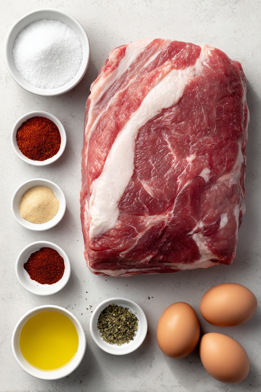 Slow Cooker Pulled Pork, tender pulled pork, easy slow cooker recipes, flavorful pork sandwiches, juicy pulled pork - Flat lay of a large raw pork shoulder with visible fat cap, a small white ceramic bowl of coarse kosher salt, a small white ceramic bowl of ground black pepper, a small white ceramic bowl of vibrant red paprika powder, a small white ceramic bowl of pale yellow garlic powder, a small white ceramic bowl of off-white onion powder, a small white ceramic bowl of deep red chili powder, a small white ceramic bowl of bright reddish cayenne pepper, a small white ceramic bowl of light brown cumin powder, a small white ceramic bowl of muted yellow dry mustard powder, a small white ceramic bowl of packed dark brown sugar, a small white ceramic bowl of golden olive oil, a small white ceramic bowl of clear liquid smoke, a small white ceramic bowl of light yellow vegetable oil, and three whole uncracked brown eggs, all arranged in perfect symmetry on a clean white marble surface, soft natural light, photo taken with an iPhone, professional food photography style, fresh ingredients, white ceramic bowls, no bottles, no duplicates, no utensils, no packaging --ar 2:3 --v 7 --p m7354615311229779997