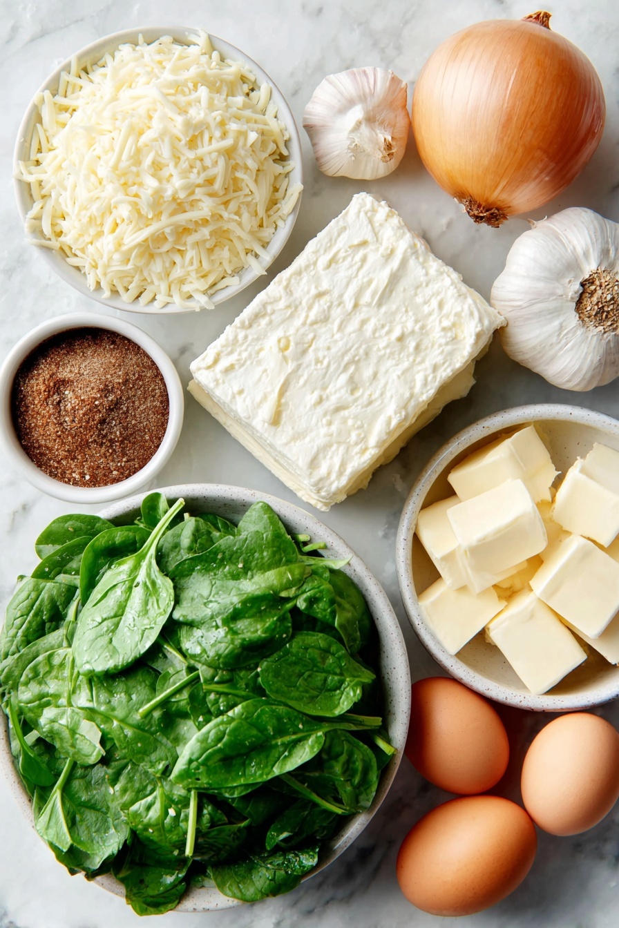 Creamed Spinach, Creamed Spinach Side Dish, Easy Creamed Spinach, Gourmet Spinach Recipes, Creamed Spinach with Cheese - Flat lay of fresh bright green chopped spinach leaves loosely piled in a simple white ceramic bowl, a small white bowl of creamy mozzarella cheese shreds, a small white bowl of grated pale parmesan cheese, a medium unpeeled yellow onion whole and round, six plump whole garlic cloves arranged neatly, a small square block of smooth cream cheese resting on a white dish, a small white bowl filled with thick heavy cream, a few pats of rich yellow butter, a tiny white bowl containing freshly ground nutmeg powder, whole clean uncracked brown eggs placed nearby for scale, coarse sea salt crystals and freshly cracked black peppercorns scattered symmetrically on the surface, all placed on a clean white marble surface, soft natural light, photo taken with an iPhone, professional food photography style, fresh ingredients, white ceramic bowls, no bottles, no duplicates, no utensils, no packaging --ar 2:3 --v 7 --p m7354615311229779997