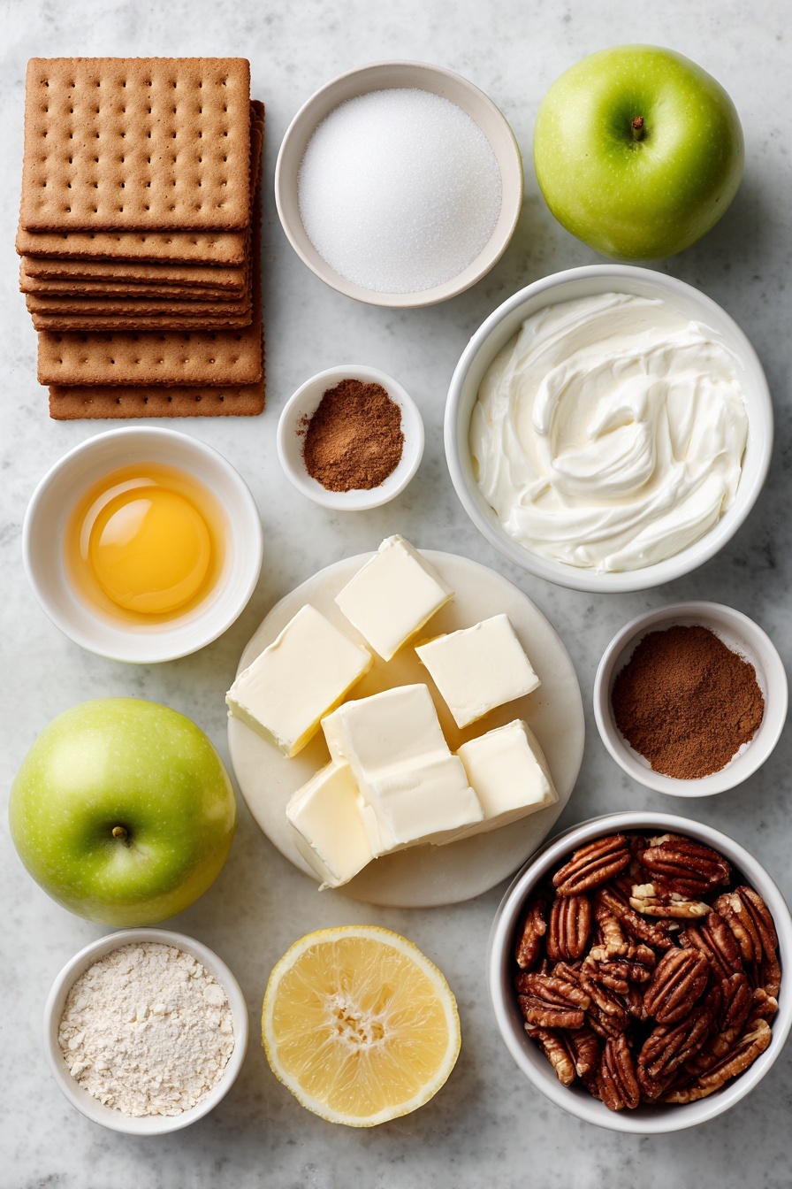Caramel Apple Cheesecake, caramel apple dessert, fall cheesecake recipes, easy caramel apple cheesecake, creamy apple cheesecake - Flat lay of fourteen whole honey graham cracker sheets stacked neatly, a small white ceramic bowl holding granulated sugar, a small white ceramic bowl with melted butter shimmering, four large whole eggs with clean shells, one large whole egg similarly pristine, four blocks of full fat cream cheese arranged side by side, a small white ceramic bowl of sour cream smooth and creamy, a fresh lemon with a few slices of its bright zest, a small white ceramic bowl filled with ground cinnamon, a small white ceramic bowl containing a mixed pile of ground ginger, ground nutmeg, and allspice, a small white ceramic bowl of salt crystals, six whole Granny Smith apples vibrant green and unpeeled, a small white ceramic bowl of fresh lemon juice, a small white ceramic bowl with cornstarch powder, a small white ceramic bowl of chopped pecans, a small white ceramic bowl filled with packed light brown sugar, a small white ceramic bowl of granulated sugar, a small white ceramic bowl holding vanilla extract, small cubes of unsalted butter glowing softly – all carefully arranged in balanced symmetry, placed on a clean white marble surface, soft natural light, photo taken with an iPhone, professional food photography style, fresh ingredients, white ceramic bowls, no bottles, no duplicates, no utensils, no packaging --ar 2:3 --v 7 --p m7354615311229779997