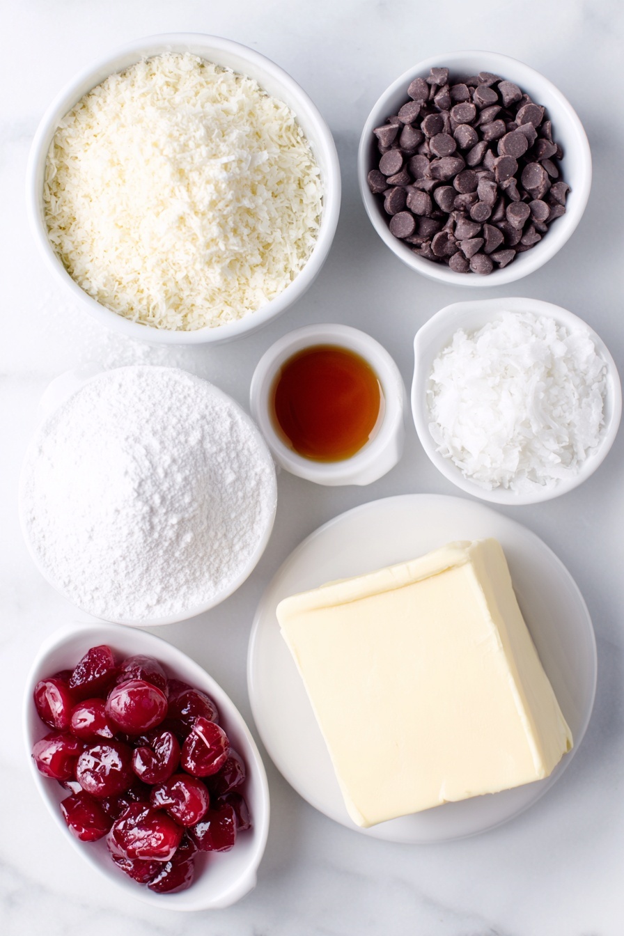 Cherry Bourbon Balls, Bourbon Balls with Cherries, No-Bake Boozy Treats, Holiday Chocolate Bites, Easy Alcohol Infused Snacks - Flat lay of finely chopped pecans in a simple white ceramic bowl, a small white bowl of amber bourbon, a small white bowl with finely chopped bright red maraschino cherries, a chunk of softened pale yellow butter on a white ceramic plate, powdered sugar mounded in a small white ceramic bowl, glossy semi-sweet chocolate chips spilling slightly in a white bowl, a small white bowl with smooth white coconut oil, and vibrant red candied cherry halves arranged neatly on a separate white ceramic dish, placed on a clean white marble surface, soft natural light, photo taken with an iPhone, professional food photography style, fresh ingredients, white ceramic bowls, no bottles, no duplicates, no utensils, no packaging --ar 2:3 --v 7 --p m7354615311229779997