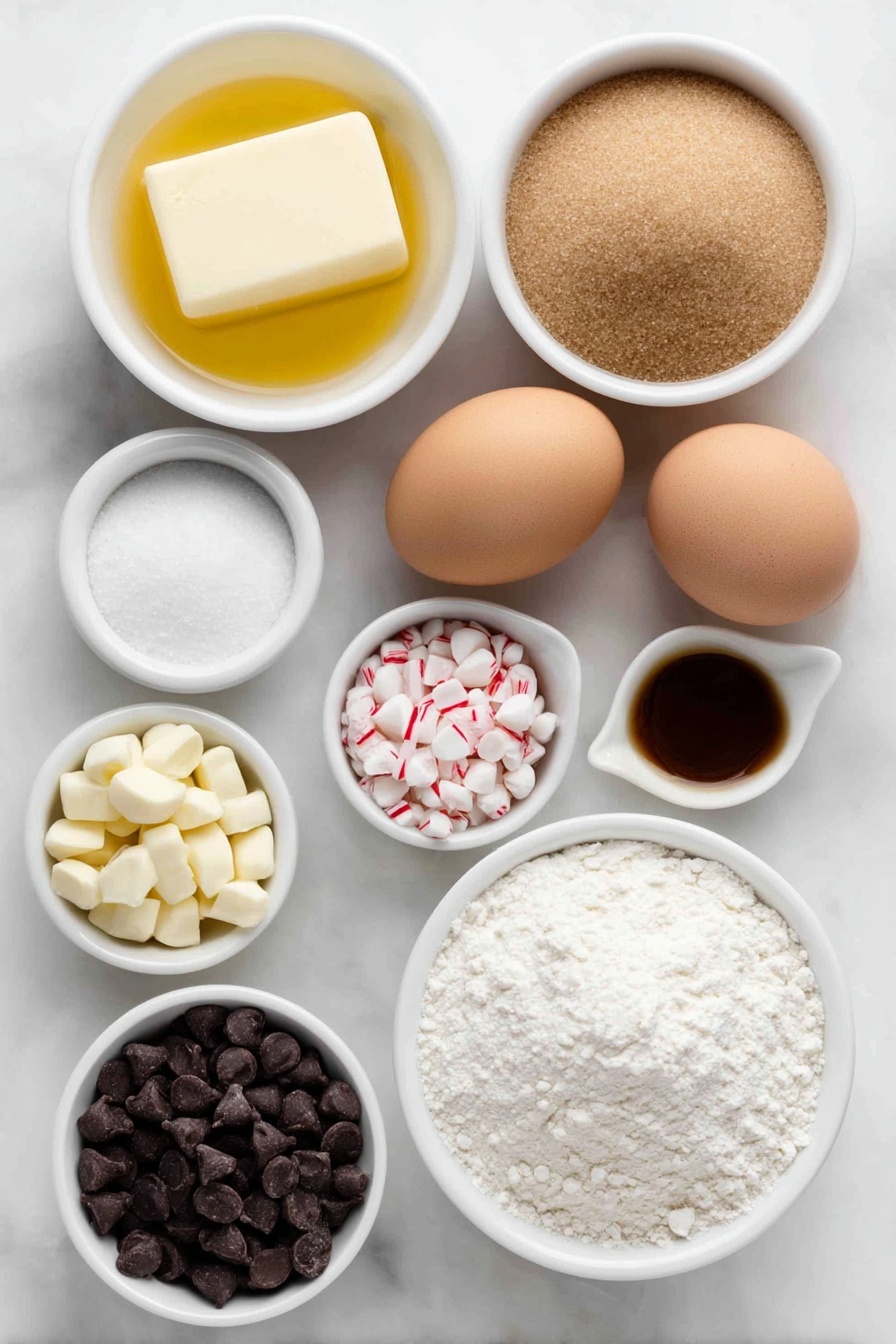 Peppermint Bark Brownies, Chocolate Mint Desserts, Holiday Brownie Recipes, Fudgy Mint Brownies, Festive Brownie Treats - Flat lay of two large whole brown eggs with clean shells, a small white ceramic bowl of melted golden butter, a small white ceramic bowl filled with light brown sugar, a small white ceramic bowl of white granulated sugar, a small white ceramic bowl holding pale amber vanilla extract, a small white ceramic bowl containing translucent peppermint extract, a small white ceramic bowl of fine all-purpose flour, a small white ceramic bowl of dark unsweetened cocoa powder, a small white ceramic bowl with fine white salt, a small pile of semi-sweet chocolate chips, a small pile of white chocolate chips, a small white ceramic bowl of clear coconut oil, and a small mound of crushed round peppermint candies in red and white colors, all arranged symmetrically on a clean white marble surface, soft natural light, photo taken with an iPhone, professional food photography style, fresh ingredients, white ceramic bowls, no bottles, no duplicates, no utensils, no packaging --ar 2:3 --v 7 --p m7354615311229779997