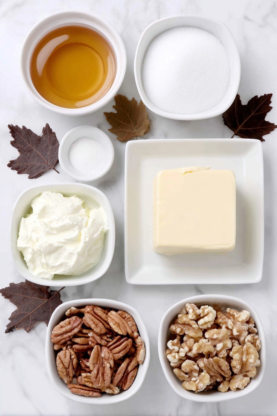 Maple Walnut Fudge, Homemade Maple Walnut Fudge, Easy Maple Walnut Fudge, Best Maple Walnut Fudge, Maple Walnut Fudge Ingredients - Flat lay of a small white ceramic bowl filled with golden amber maple syrup, a small white ceramic bowl of fine granulated white sugar, a small white ceramic bowl of rich heavy whipping cream, a small white ceramic bowl containing a pinch of salt, a square of pale unsalted butter on a white ceramic plate, a small white ceramic bowl holding light brown vanilla beans, a small white ceramic bowl with a few whole maple leaves for a natural touch, a small white ceramic bowl filled with roughly chopped walnuts alongside a few whole walnuts arranged neatly, all arranged symmetrically and balanced, placed on a clean white marble surface, soft natural light, photo taken with an iPhone, professional food photography style, fresh ingredients, white ceramic bowls, no bottles, no duplicates, no utensils, no packaging --ar 2:3 --v 7 --p m7354615311229779997