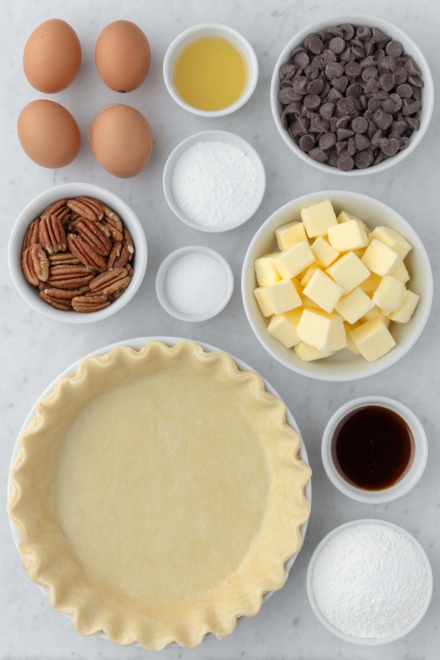 Chocolate Bourbon Pecan Pie, bourbon pecan pie, chocolate pecan pie, holiday pecan pie, indulgent chocolate pie - Flat lay of whole uncracked brown eggs with clean shells, a small cluster of fresh whole pecans, a small white ceramic bowl filled with glossy semisweet chocolate chips, a small white ceramic bowl holding golden unsalted butter cubes, a small white ceramic bowl with granulated white sugar, a small white ceramic bowl containing viscous light corn syrup, a small white ceramic bowl with rich amber bourbon, a small white ceramic bowl with pure vanilla extract, and a small white ceramic bowl with coarse kosher salt, one perfectly formed unbaked pie crust dough disk resting flat, all ingredients arranged in perfect symmetry on a clean white marble surface, soft natural light, photo taken with an iPhone, professional food photography style, fresh ingredients, white ceramic bowls, no bottles, no duplicates, no utensils, no packaging --ar 2:3 --v 7 --p m7354615311229779997