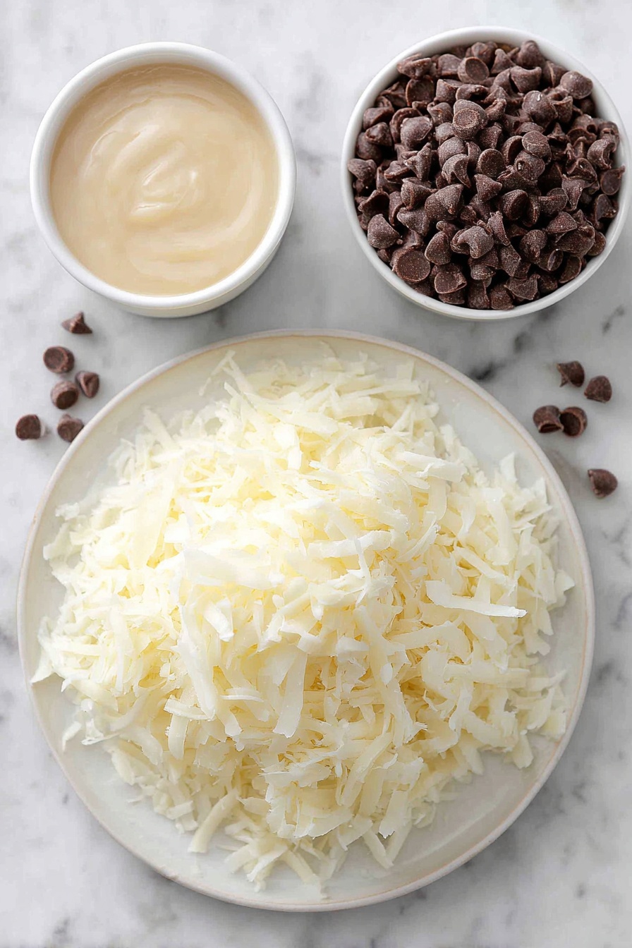 Chocolate Drizzled Coconut Macaroons, coconut macaroons with chocolate, easy coconut macaroon recipe, chewy coconut treats, chocolate-dipped coconut cookies - Flat lay of sweetened shredded coconut piled loosely on a simple white ceramic plate, a small white bowl filled with thick sweetened condensed milk, a neat pile of shiny semi-sweet chocolate chips on a white ceramic dish, placed on a clean white marble surface, soft natural light, photo taken with an iPhone, professional food photography style, fresh ingredients, white ceramic bowls, no bottles, no duplicates, no utensils, no packaging --ar 2:3 --v 7 --p m7354615311229779997