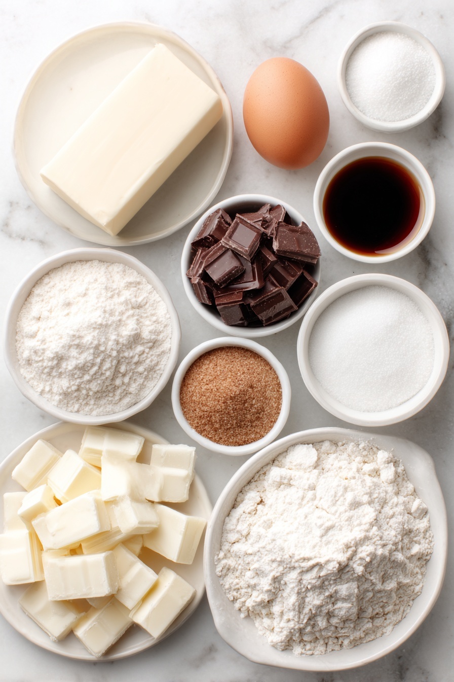 Eggnog Snickerdoodle Thumbprint Cookies, holiday cookie recipes, eggnog desserts, white chocolate holiday treats, Christmas cookie ideas - Flat lay of unsalted butter stick with a smooth surface, light brown sugar in a small white ceramic bowl, white granulated sugar in a small white ceramic bowl, one medium egg with an uncracked clean shell, a small white ceramic bowl of vanilla extract, a mound of all purpose flour with a soft texture, a small white ceramic bowl of kosher salt, a small white ceramic bowl of baking soda, a small white ceramic bowl of cream of tartar, a small white ceramic bowl containing granulated sugar mixed with ground cinnamon, chopped white chocolate pieces in a small white ceramic bowl, a small white ceramic bowl of eggnog, a small white ceramic bowl of dark rum, freshly grated nutmeg piled on a small white ceramic plate placed on a clean white marble surface, soft natural light, photo taken with an iPhone, professional food photography style, fresh ingredients, white ceramic bowls, no bottles, no duplicates, no utensils, no packaging --ar 2:3 --v 7 --p m7354615311229779997