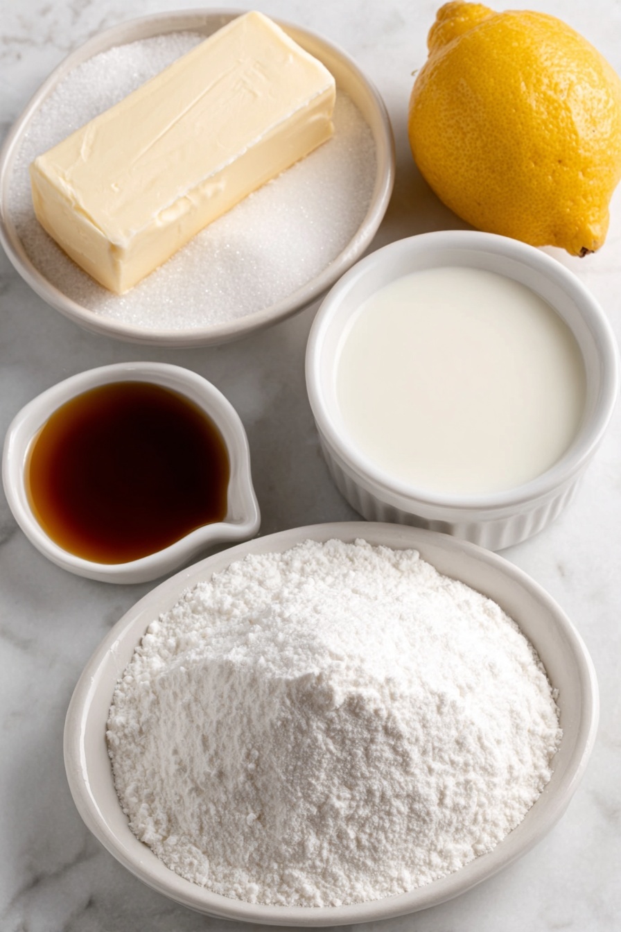 Creamy Buttercream Frosting, easy buttercream frosting recipe, homemade frosting for cakes, best buttercream for cupcakes, smooth vanilla frosting - Flat lay of a small mound of fine white confectioner’s sugar, a stick of soft pale yellow butter with a smooth surface, a small white bowl of clear milk, a small white bowl of golden vanilla extract, and a fresh whole lemon with bright yellow skin, all arranged symmetrically in simple white ceramic bowls and plates, placed on a clean white marble surface, soft natural light, photo taken with an iPhone, professional food photography style, fresh ingredients, white ceramic bowls, no bottles, no duplicates, no utensils, no packaging --ar 2:3 --v 7 --p m7354615311229779997