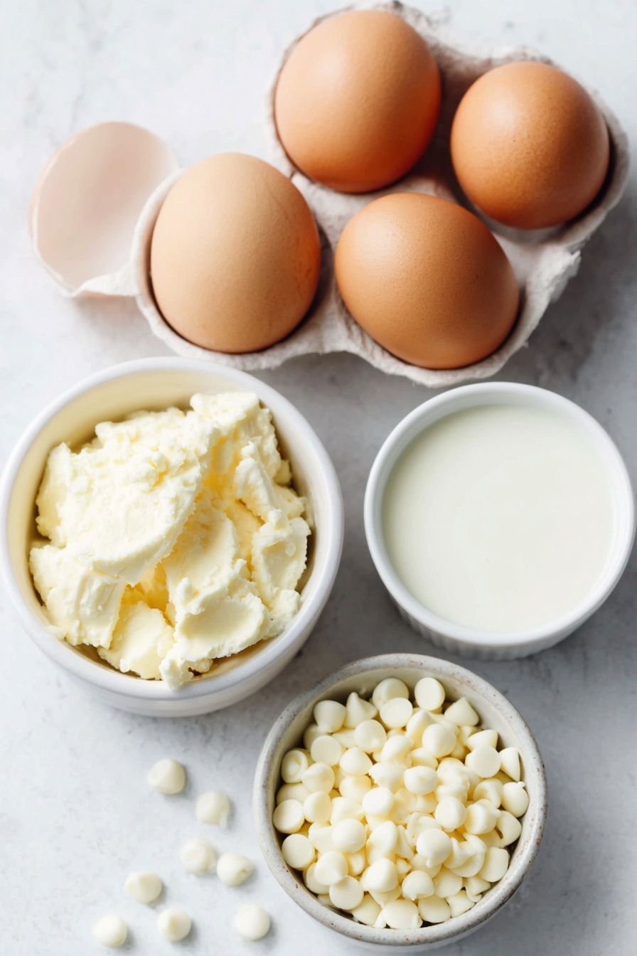 Creamy White Hot Chocolate, White Hot Chocolate Drink, Cozy Hot Cocoa, Easy White Hot Chocolate, Comforting Winter Beverages - Flat lay of fresh whole brown eggs with clean shells, a small white ceramic bowl filled with smooth white chocolate chips, a small white ceramic bowl holding creamy milk, a small white ceramic bowl containing clear vanilla extract, all perfectly arranged in balanced symmetry, placed on a clean white marble surface, soft natural light, photo taken with an iPhone, professional food photography style, fresh ingredients, white ceramic bowls, no bottles, no duplicates, no utensils, no packaging --ar 2:3 --v 7 --p m7354615311229779997