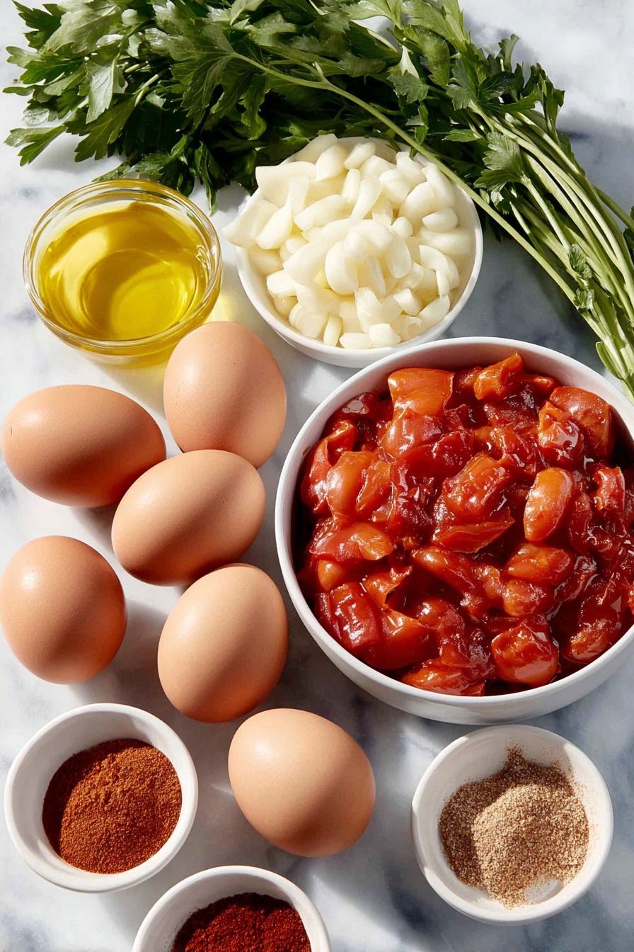 Easy Traditional Shakshuka, shakshuka recipe, Middle Eastern egg dish, North African brunch, one-pan breakfast - Flat lay of a small white ceramic bowl filled with golden olive oil, a medium peeled and diced white onion, a whole red bell pepper cut into chunks, four peeled garlic cloves, a small white bowl containing vibrant red paprika powder, a small white bowl with earthy brown cumin powder, a tiny white bowl holding fine red chili powder, a simple white ceramic bowl with whole peeled tomatoes in rich red juice, six whole large brown eggs with clean shells, a few sprigs of fresh green cilantro, and a few sprigs of fresh bright green parsley all arranged symmetrically and balanced, placed on a clean white marble surface, soft natural light, photo taken with an iPhone, professional food photography style, fresh ingredients, white ceramic bowls, no bottles, no duplicates, no utensils, no packaging --ar 2:3 --v 7 --p m7354615311229779997