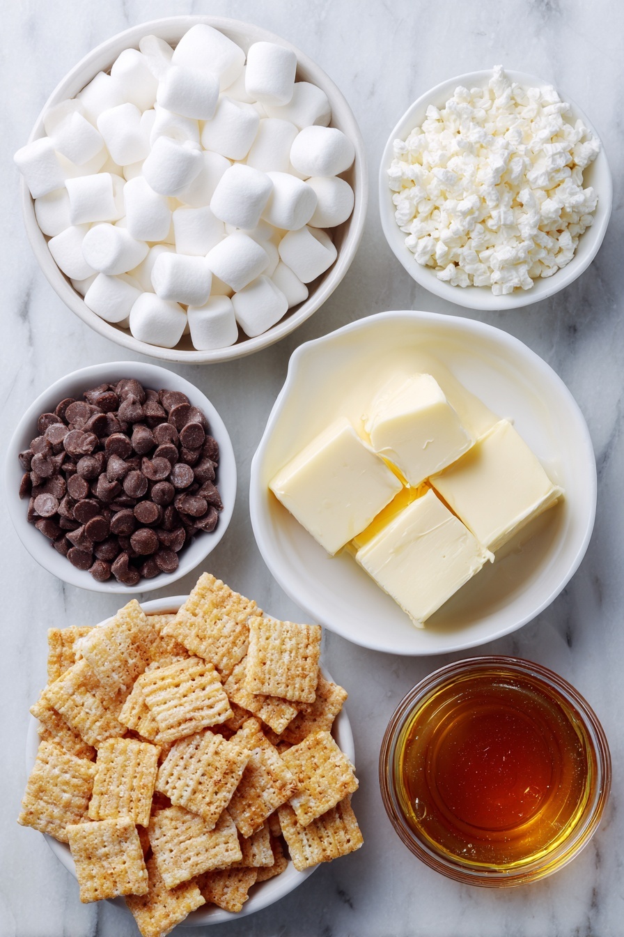 Golden Grahams S'Mores Bars, s'mores bars, no-bake dessert, campfire-inspired treats, easy dessert recipes - Flat lay of mini white marshmallows scattered loosely, small pile of glossy milk chocolate chips, a few thick cubes of pale yellow butter, a small white ceramic bowl filled with clear golden corn syrup, a generous cluster of golden square Golden Grahams cereal pieces all arranged with perfect symmetry on a clean white marble surface, soft natural light, photo taken with an iPhone, professional food photography style, fresh ingredients, white ceramic bowls, no bottles, no duplicates, no utensils, no packaging --ar 2:3 --v 7 --p m7354615311229779997