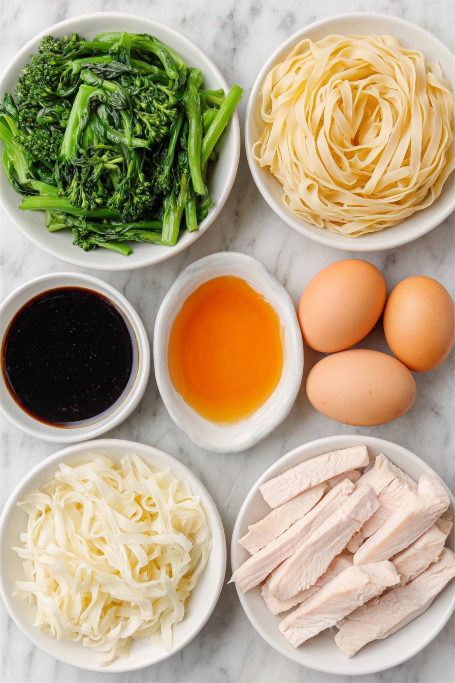 Quick Thai Pad See Ew Stir Fry, Thai noodle stir fry, authentic Pad See Ew, easy Thai stir fry recipe, quick Asian noodle dish - Flat lay of wide dried rice noodles loosely coiled, fresh raw chicken breast sliced into strips, vibrant green Chinese broccoli cut into bite-sized pieces, two large smooth brown eggs with clean shells, three cloves of fresh garlic unpeeled, small white ceramic bowls containing dark glossy Thai sweet soy sauce, translucent amber fish sauce, thick caramel-colored oyster sauce, dark soy sauce with almost black hue, fine white powder of white pepper, and granulated white sugar, all arranged symmetrically with perfect balance on a clean white marble surface, soft natural light, photo taken with an iPhone, professional food photography style, fresh ingredients, white ceramic bowls, no bottles, no duplicates, no utensils, no packaging --ar 2:3 --v 7 --p m7354615311229779997