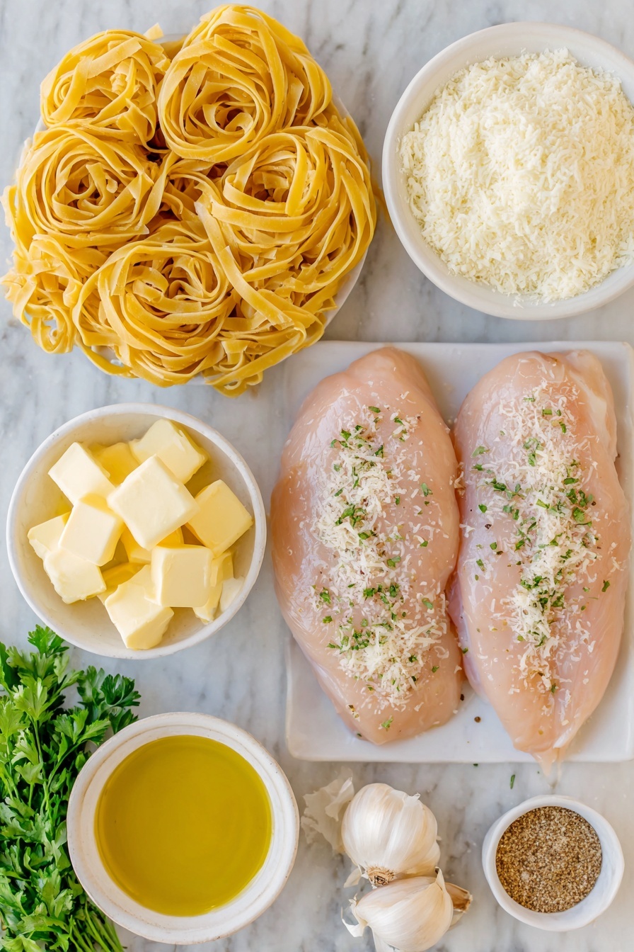 Creamy Fettuccine Alfredo with Chicken, chicken Alfredo pasta, easy chicken Alfredo recipe, restaurant-style Alfredo, weeknight pasta dinner - Flat lay of two raw boneless skinless chicken breasts seasoned with coarse sea salt and freshly ground black pepper, a small white ceramic bowl of golden olive oil, a neatly coiled nest of uncooked fettuccine pasta, four whole uncracked brown garlic bulbs, a small white bowl filled with pale creamy unsalted butter cubes, a small white bowl of fine all-purpose flour, a small white bowl of smooth half and half cream, a small white bowl containing fine sea salt, a delicate pinch of ground nutmeg and white pepper on a white ceramic plate, a small white bowl heaped with freshly grated Parmesan cheese, and a few sprigs of vibrant finely chopped fresh parsley, all arranged in perfect symmetry and balanced proportions, placed on a clean white marble surface, soft natural light, photo taken with an iPhone, professional food photography style, fresh ingredients, white ceramic bowls, no bottles, no duplicates, no utensils, no packaging --ar 2:3 --v 7 --p m7354615311229779997