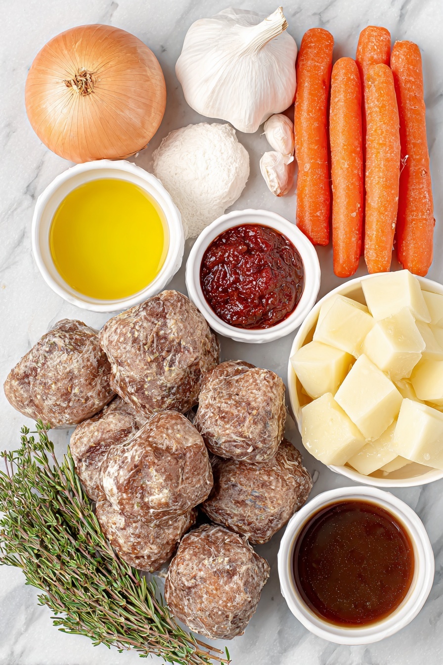 Vegan Irish Stew with Beer, Vegan Irish Stew, Plant-Based Irish Stew, Vegan Beer Stew, Irish Stew with Plant-Based Tips - Flat lay of a large sweet onion with its papery skin removed, three large garlic cloves with smooth white skins, four peeled carrots cut into rustic chunks, four peeled Yukon Gold potatoes cut into chunks showing their creamy interior, a small white ceramic bowl filled with golden olive oil, a small white ceramic bowl holding bright red tomato paste, a small white ceramic bowl with dark brewing Guinness stout, a small white ceramic bowl containing rich vegetable broth, a small white ceramic bowl with vegan Worcestershire sauce, a small white ceramic bowl with light beige dried rosemary leaves, a small white ceramic bowl with dried thyme sprigs, a small white ceramic bowl with freshly ground black pepper, a small white ceramic bowl with pale white cornstarch powder, a small white ceramic bowl filled with clear water, and a portion of natural-looking browned Gardein beefless tips piled neatly, all arranged with perfect symmetry and realistic proportions, placed on a clean white marble surface, soft natural light, photo taken with an iPhone, professional food photography style, fresh ingredients, white ceramic bowls, no bottles, no duplicates, no utensils, no packaging --ar 2:3 --v 7 --p m7354615311229779997