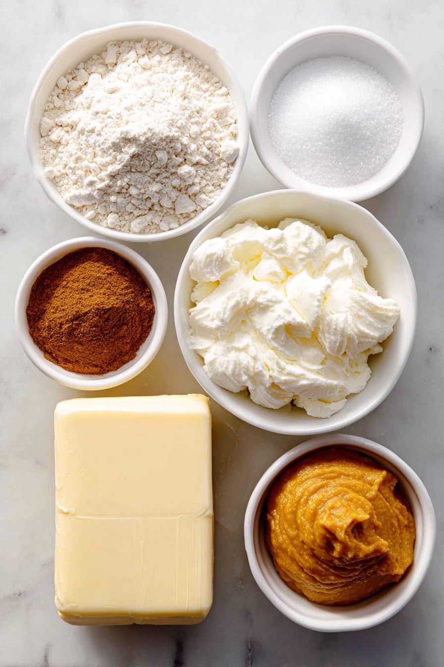 Vegan Pumpkin Crumble Bars, Pumpkin Crumble Bars, Vegan Autumn Desserts, Vegan Pumpkin Bars, Plant-Based Pumpkin Treats - Flat lay of a small mound of all purpose flour, a neat pile of granulated sugar, a small white bowl of brown sugar, a few tablespoons of pumpkin pie spice arranged as a vibrant orange-brown powder, a small white bowl of fine cornstarch, a small white bowl filled with smooth, bright orange pumpkin puree, a small white bowl containing creamy full fat coconut milk, a few pinches of salt scattered beside a small heap of coarse salt crystals, and a block of pale yellow vegan butter softened with creamy texture, all placed on a clean white marble surface, soft natural light, photo taken with an iPhone, professional food photography style, fresh ingredients, white ceramic bowls, no bottles, no duplicates, no utensils, no packaging --ar 2:3 --v 7 --p m7354615311229779997