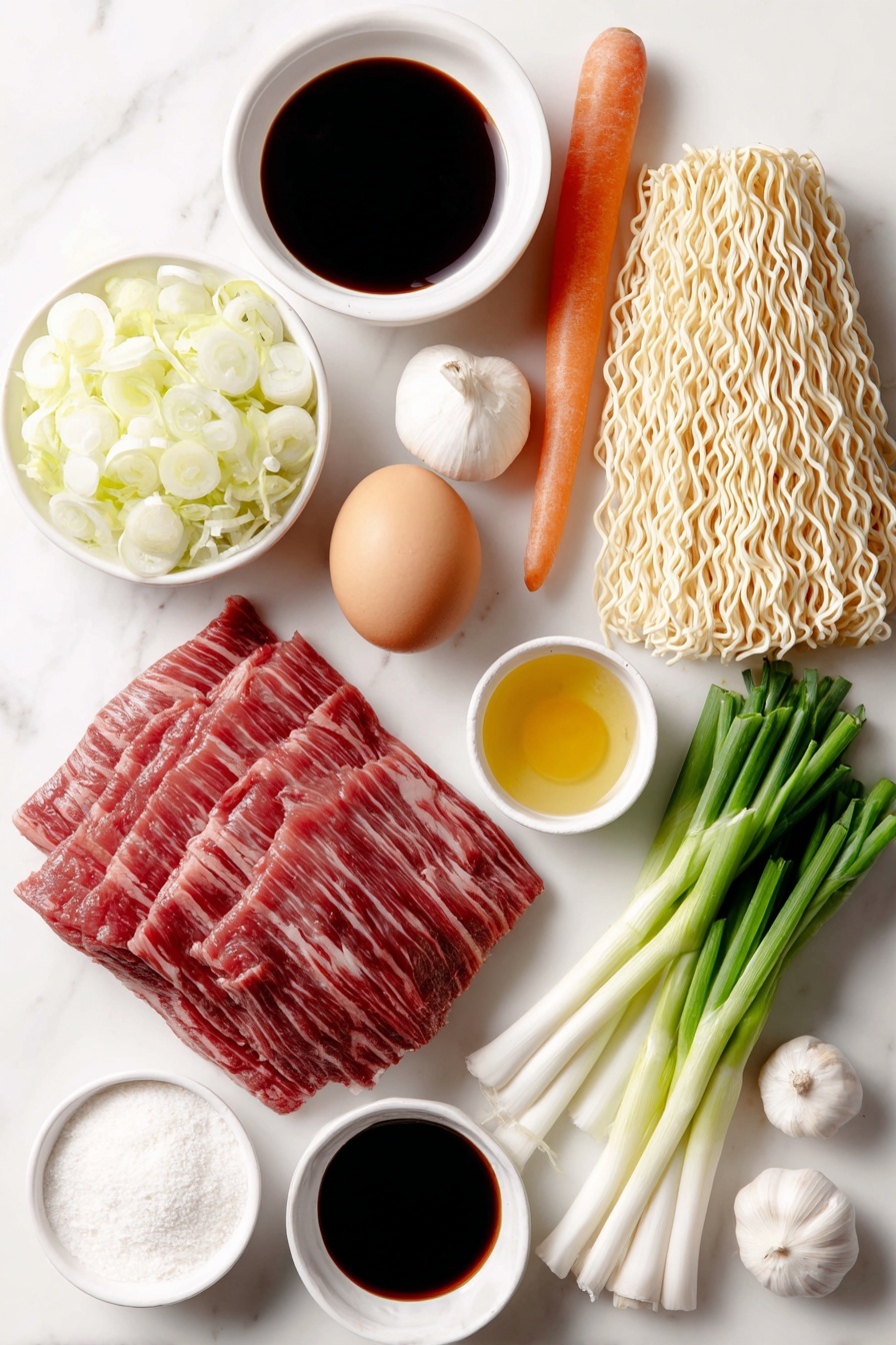 Easy Beef Lo Mein, beef noodle stir-fry, quick Asian dinner, savory beef recipes, family-friendly Chinese dishes - Flat lay of a small pile of raw flank steak strips, a medium whole carrot, a handful of sliced green cabbage, a small mound of thinly sliced white onion, five fresh scallions with green tops and white bottoms separated, five peeled garlic cloves roughly chopped, a small pile of dry lo mein noodles, a small white ceramic bowl with light brown oyster sauce, a small white ceramic bowl with dark soy sauce, a small white ceramic bowl with light soy sauce, a small white ceramic bowl with golden sesame oil, a small white ceramic bowl with white sugar, a small white ceramic bowl with white cornstarch, a small white ceramic bowl with clear water, a small white ceramic bowl with Shaoxing wine, one whole uncracked brown egg, and a few sprigs of fresh white peppercorns, arranged in perfect symmetry on simple white ceramic bowls and plates, placed on a clean white marble surface, soft natural light, photo taken with an iPhone, professional food photography style, fresh ingredients, white ceramic bowls, no bottles, no duplicates, no utensils, no packaging --ar 2:3 --v 7 --p m7354615311229779997