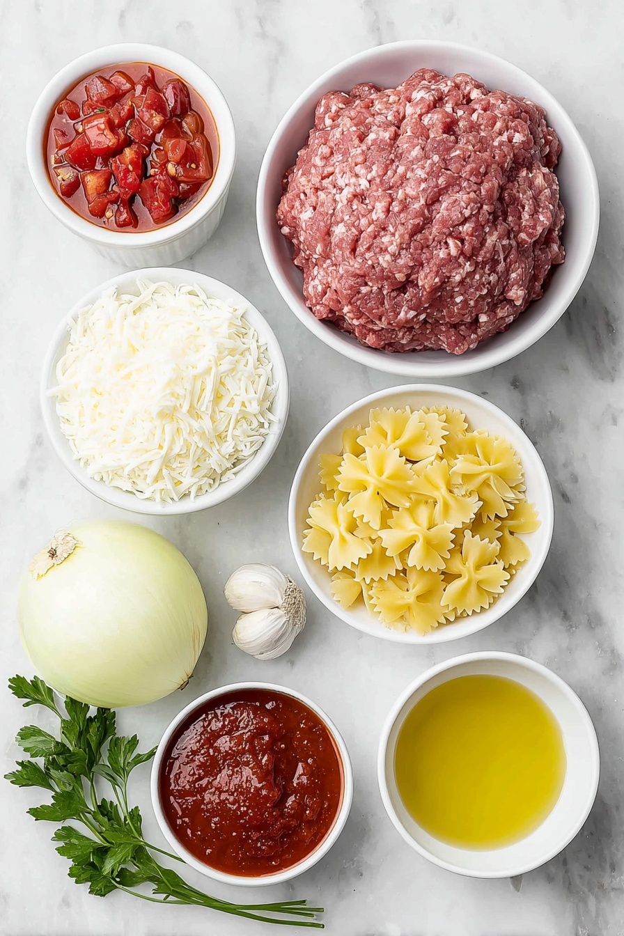 Lasagna Soup, Easy Lasagna Soup, Quick Lasagna Soup, Cheesy Lasagna Soup, Comforting Soup Recipes - Flat lay of a small pool of golden olive oil in a simple white ceramic bowl, a heap of fresh raw ground beef shaped naturally, a large peeled yellow onion cut in half to show its layers, four whole uncracked garlic cloves, a small white bowl filled with bright red diced tomatoes with juice, a small white bowl containing smooth tomato sauce, a smaller white bowl with thick, deep red tomato paste, a simple white bowl holding clear golden chicken broth, uncooked bowtie (farfalle) pasta scattered neatly in a small white bowl, a delicate mound of fresh ricotta cheese on a white ceramic plate, shredded mozzarella cheese in a small white bowl, freshly shaved parmesan cheese resting on a plain white plate, and a small bunch of fresh vibrant green parsley sprigs arranged elegantly beside them, all placed on a clean white marble surface, soft natural light, photo taken with an iPhone, professional food photography style, fresh ingredients, white ceramic bowls, no bottles, no duplicates, no utensils, no packaging --ar 2:3 --v 7 --p m7354615311229779997