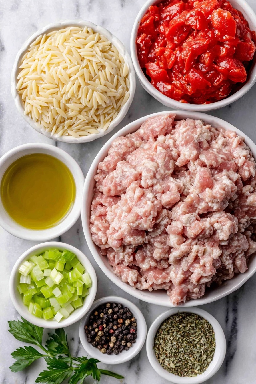 Italian Sausage Soup with Orzo, Italian Sausage Soup, hearty sausage and orzo soup, quick Italian sausage soup, comforting sausage soup recipe - Flat lay of a small white ceramic bowl of golden olive oil, a pile of fresh Italian sausage meat, half a medium yellow onion diced, two bright green celery ribs chopped, three peeled garlic cloves finely grated, a small white ceramic bowl of uncooked orzo pasta, a simple white ceramic bowl filled with bright red diced tomatoes with juice, a small white ceramic bowl of rich golden chicken broth, a small white ceramic bowl of mixed Italian seasoning herbs, a small white ceramic bowl of coarse sea salt, a small white ceramic bowl of cracked black peppercorns, fresh sprigs of green parsley placed neatly, placed on a clean white marble surface, soft natural light, photo taken with an iPhone, professional food photography style, fresh ingredients, white ceramic bowls, no bottles, no duplicates, no utensils, no packaging --ar 2:3 --v 7 --p m7354615311229779997