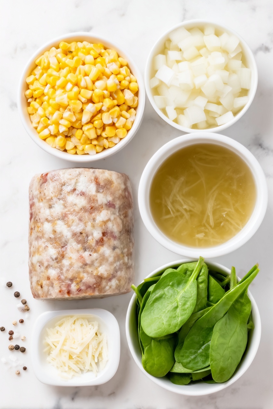 One-Pot Sausage Orzo with Spinach, easy sausage orzo dinner, quick one-pot pasta recipes, hearty weeknight meals, one-pan sausage and spinach - Flat lay of a whole mild Italian chicken sausage, half a medium yellow onion chopped into small pieces, a small white ceramic bowl filled with bright yellow frozen corn kernels, a simple white ceramic bowl holding uncooked orzo pasta, a small white ceramic bowl with golden chicken broth, a loose pile of fresh packed baby spinach leaves, a small white ceramic bowl of freshly grated pale parmesan cheese, and a few twists of freshly ground black pepper scattered nearby, all arranged with perfect symmetry on a clean white marble surface, soft natural light, photo taken with an iPhone, professional food photography style, fresh ingredients, white ceramic bowls, no bottles, no duplicates, no utensils, no packaging --ar 2:3 --v 7 --p m7354615311229779997