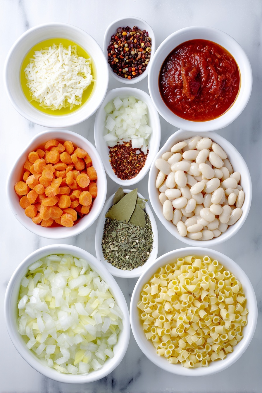 Creamy Pasta Fagioli Soup, Pasta Fagioli Soup, Italian comfort soup, hearty bean and pasta soup, easy pasta e fagioli recipe - Flat lay of a small white ceramic bowl of extra virgin olive oil, a small white ceramic bowl of diced fresh onion, a small white ceramic bowl of minced garlic cloves, a small white ceramic bowl of quartered fresh carrots, a small white ceramic bowl of rinsed and drained cannellini beans, a small white ceramic bowl of smooth tomato sauce, a single dried bay leaf, small piles of dried basil, dried parsley, dried oregano, black pepper, and red pepper flakes arranged neatly, a small white ceramic bowl of low sodium vegetable broth, a small white ceramic bowl of clear water, and a small white ceramic bowl of dry ditalini pasta, all ingredients fresh and natural, placed on a clean white marble surface, soft natural light, photo taken with an iPhone, professional food photography style, fresh ingredients, white ceramic bowls, no bottles, no duplicates, no utensils, no packaging --ar 2:3 --v 7 --p m7354615311229779997