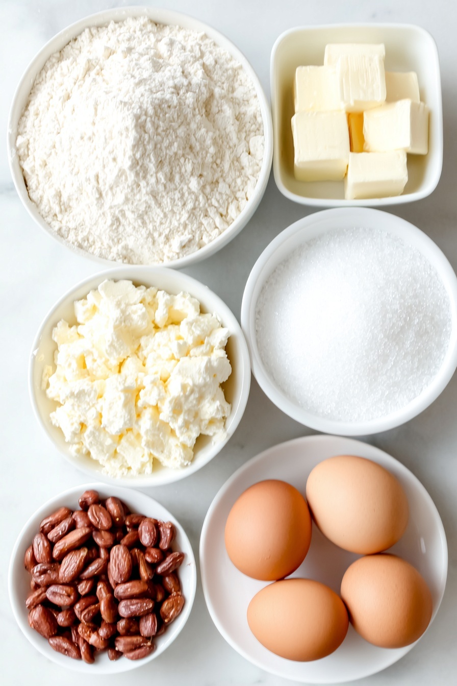 Peanut Butter Cake with Creamy Frosting, peanut butter cake recipe, easy peanut butter cake, moist peanut butter cake, homemade peanut butter cake - Flat lay of a small mound of all purpose flour, a small mound of granulated sugar, a small white bowl of baking soda powder, a small white bowl of salt crystals, a few cubes of unsalted butter, a small white bowl of water, a small dollop of creamy peanut butter, a small white bowl of vegetable oil, two whole uncracked brown eggs, a small white bowl of buttermilk, a small white bowl of vanilla extract, a small mound of sifted confectioner’s sugar, and a handful of roasted peanuts, all arranged symmetrically on simple white ceramic plates and bowls, placed on a clean white marble surface, soft natural light, photo taken with an iPhone, professional food photography style, fresh ingredients, white ceramic bowls, no bottles, no duplicates, no utensils, no packaging --ar 2:3 --v 7 --p m7354615311229779997