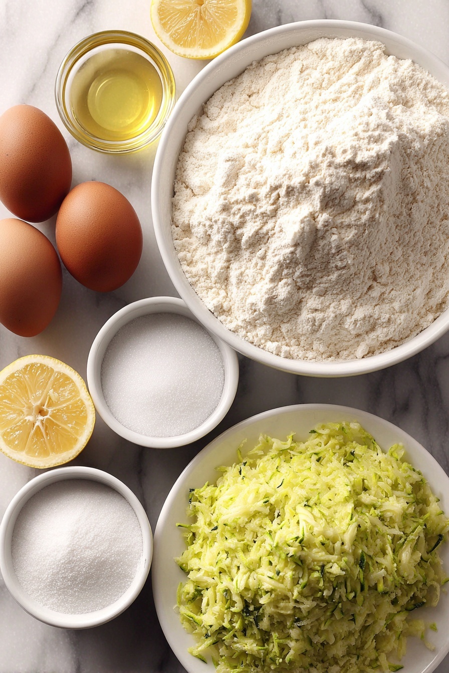 Lemon Zucchini Bread, zucchini bread with lemon, citrus zucchini quick bread, moist lemon zucchini loaf, easy zucchini lemon cake - Flat lay of all purpose flour in a small white ceramic bowl, kosher salt in a small white bowl, baking soda in a small white bowl, baking powder in a small white bowl, two large uncracked brown eggs, clear vegetable oil in a small white bowl, granulated white sugar in a small white bowl, vanilla extract in a small white bowl, shredded green zucchini piled loosely on a white ceramic plate, two whole bright yellow lemons with one sliced in half showing juicy interior, confectioners sugar in a small white bowl, all arranged symmetrically with perfect proportions, placed on a clean white marble surface, soft natural light, photo taken with an iPhone, professional food photography style, fresh ingredients, white ceramic bowls, no bottles, no duplicates, no utensils, no packaging --ar 2:3 --v 7 --p m7354615311229779997