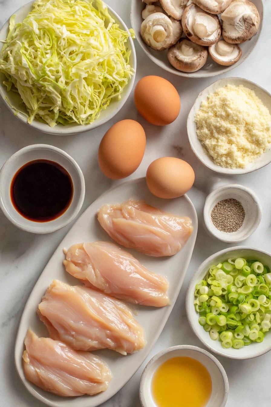 Moo Shu Chicken, Moo Shu Chicken recipe, Chinese chicken stir-fry, quick Asian dinner, easy Chinese chicken dish - Flat lay of thin strips of raw boneless skinless chicken breast, two whole uncracked brown eggs, fresh sliced shiitake mushrooms, a pile of sliced green Napa cabbage, thinly sliced green onions, small white ceramic bowls containing thick dark hoisin sauce, soy sauce, clear rice vinegar, minced garlic cloves, freshly grated ginger, cornstarch powder, golden sesame oil, ground black pepper, and pale golden mirin, all arranged symmetrically on a clean white marble surface, soft natural light, photo taken with an iPhone, professional food photography style, fresh ingredients, white ceramic bowls, no bottles, no duplicates, no utensils, no packaging --ar 2:3 --v 7 --p m7354615311229779997