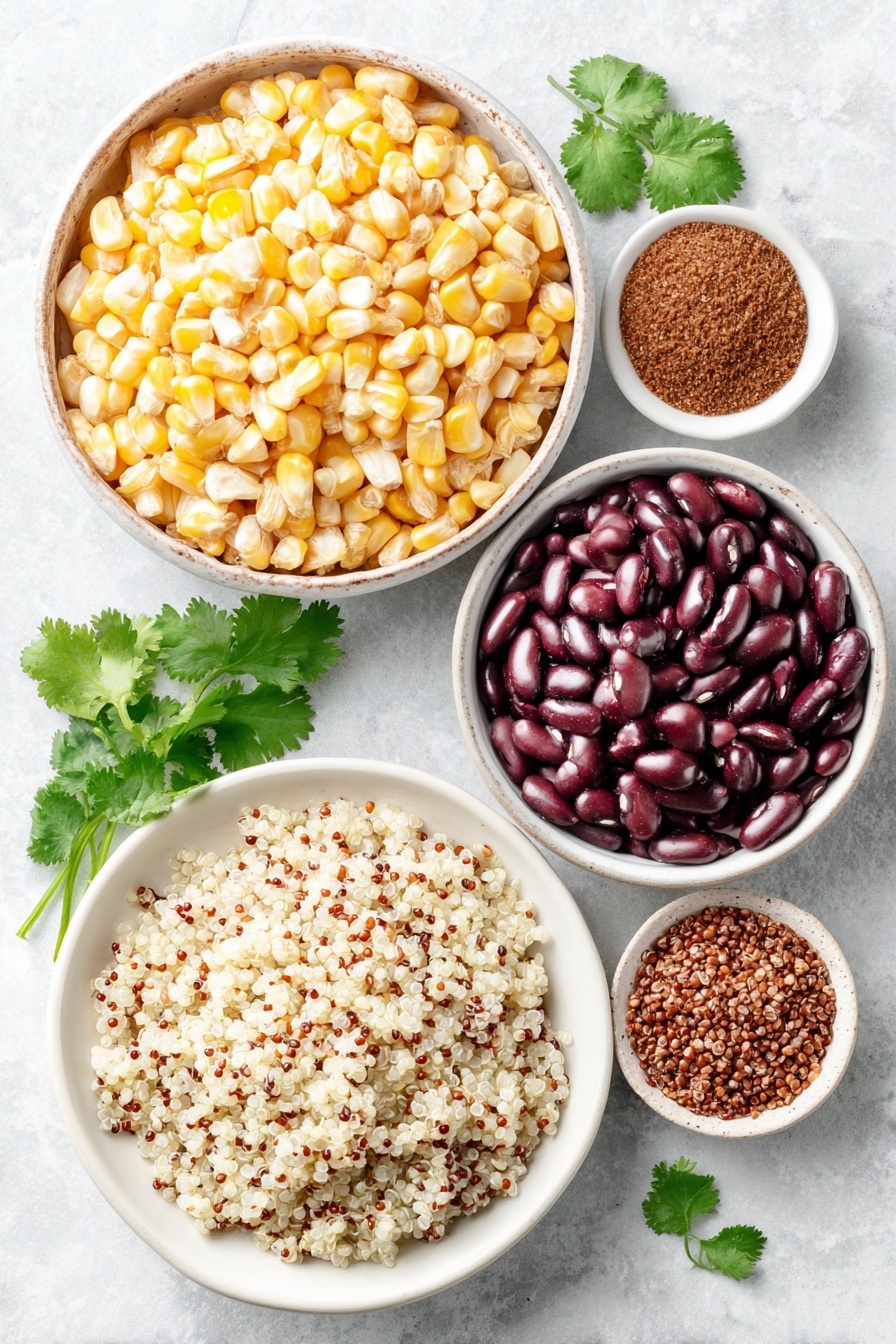 Mexican Quinoa Bowl, easy Mexican quinoa recipe, healthy quinoa bowls, quick Mexican meal, nutritious quinoa dinner - Flat lay of fresh yellow corn kernels in a small white ceramic bowl, cooked fluffy white quinoa spread loosely on a simple white ceramic plate, a small white bowl filled with shiny black beans, a small white bowl containing vibrant red salsa, a small white bowl with warm brown ground cumin powder, and a few bright green sprigs of fresh cilantro arranged neatly, all placed on a clean white marble surface, soft natural light, photo taken with an iPhone, professional food photography style, fresh ingredients, white ceramic bowls, no bottles, no duplicates, no utensils, no packaging --ar 2:3 --v 7 --p m7354615311229779997