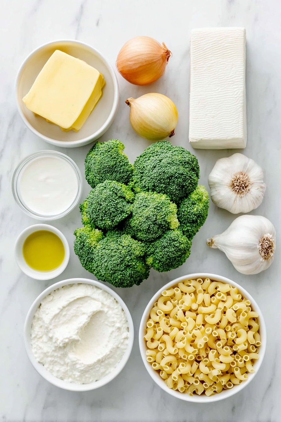 Creamy Broccoli Pasta, creamy broccoli pasta recipe, easy broccoli pasta, cheesy broccoli pasta dish, quick vegetable pasta - Flat lay of a small pat of fresh yellow butter, a small white bowl of golden olive oil, a whole unpeeled yellow onion, vibrant green broccoli florets, four peeled garlic cloves, a small white bowl filled with thick heavy cream, a block of fresh mozzarella cheese, a wedge of parmesan cheese, a small white bowl with clear pasta water, and uncooked ditalini pasta scattered neatly, all arranged symmetrically on simple white ceramic bowls and plates, placed on a clean white marble surface, soft natural light, photo taken with an iPhone, professional food photography style, fresh ingredients, white ceramic bowls, no bottles, no duplicates, no utensils, no packaging --ar 2:3 --v 7 --p m7354615311229779997