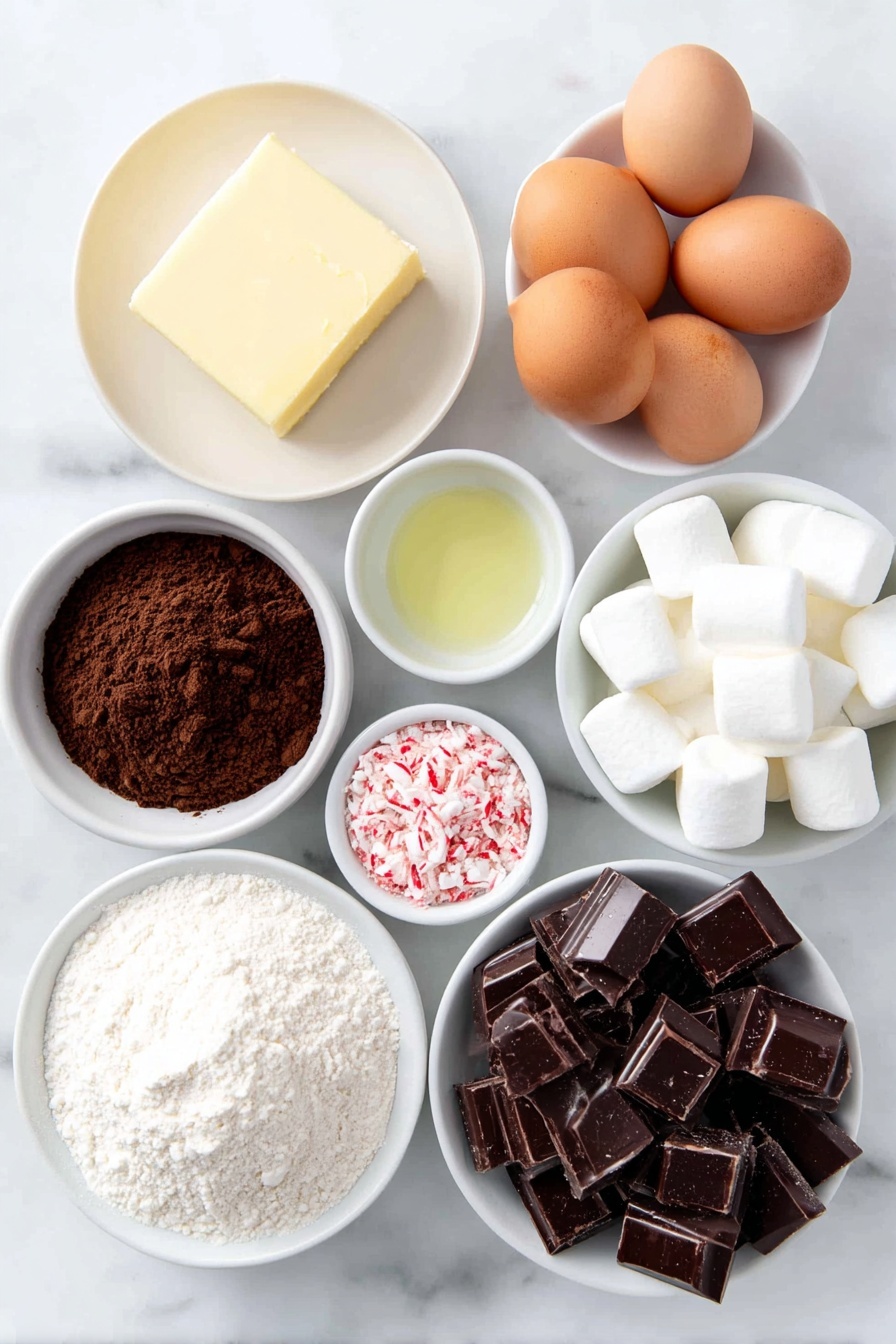 Peppermint Hot Chocolate Cookies, peppermint cookies, hot chocolate cookies, holiday cookie recipes, chocolate peppermint treats - Flat lay of a pile of broken semi-sweet dark chocolate pieces, a few cubes of unsalted butter, a small mound of all-purpose flour, a pinch of baking powder next to a tiny heap of salt, a small white bowl filled with Dutch-process cocoa powder, three whole brown eggs with clean shells, a small cluster of light brown sugar, a small white bowl with clear vanilla extract, a small white bowl containing peppermint extract, a handful of semisweet chocolate chunks, several large white marshmallows, and a small white bowl with crushed red-and-white peppermint candy, all arranged in perfect symmetry on simple white ceramic dishes, placed on a clean white marble surface, soft natural light, photo taken with an iPhone, professional food photography style, fresh ingredients, white ceramic bowls, no bottles, no duplicates, no utensils, no packaging --ar 2:3 --v 7 --p m7354615311229779997