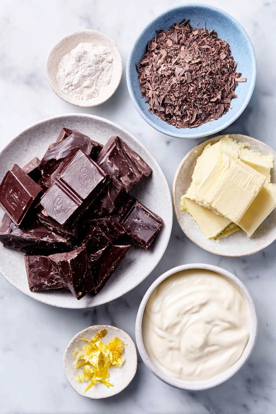 Chocolate Orange Christmas Truffles, festive holiday truffles, homemade chocolate truffles, orange-flavored Christmas treats, easy holiday chocolates - Flat lay of finely chopped dark chocolate pieces, a small white bowl of heavy cream, a few bright orange zest strips, smooth dark chocolate chunks for enrobing, fresh orange peel curls, delicate sheets of edible gold leaf arranged flat, all placed in simple white ceramic bowls and dishes, perfectly balanced and symmetrical arrangement on a clean white marble surface, soft natural light, photo taken with an iPhone, professional food photography style, fresh ingredients, white ceramic bowls, no bottles, no duplicates, no utensils, no packaging --ar 2:3 --v 7 --p m7354615311229779997