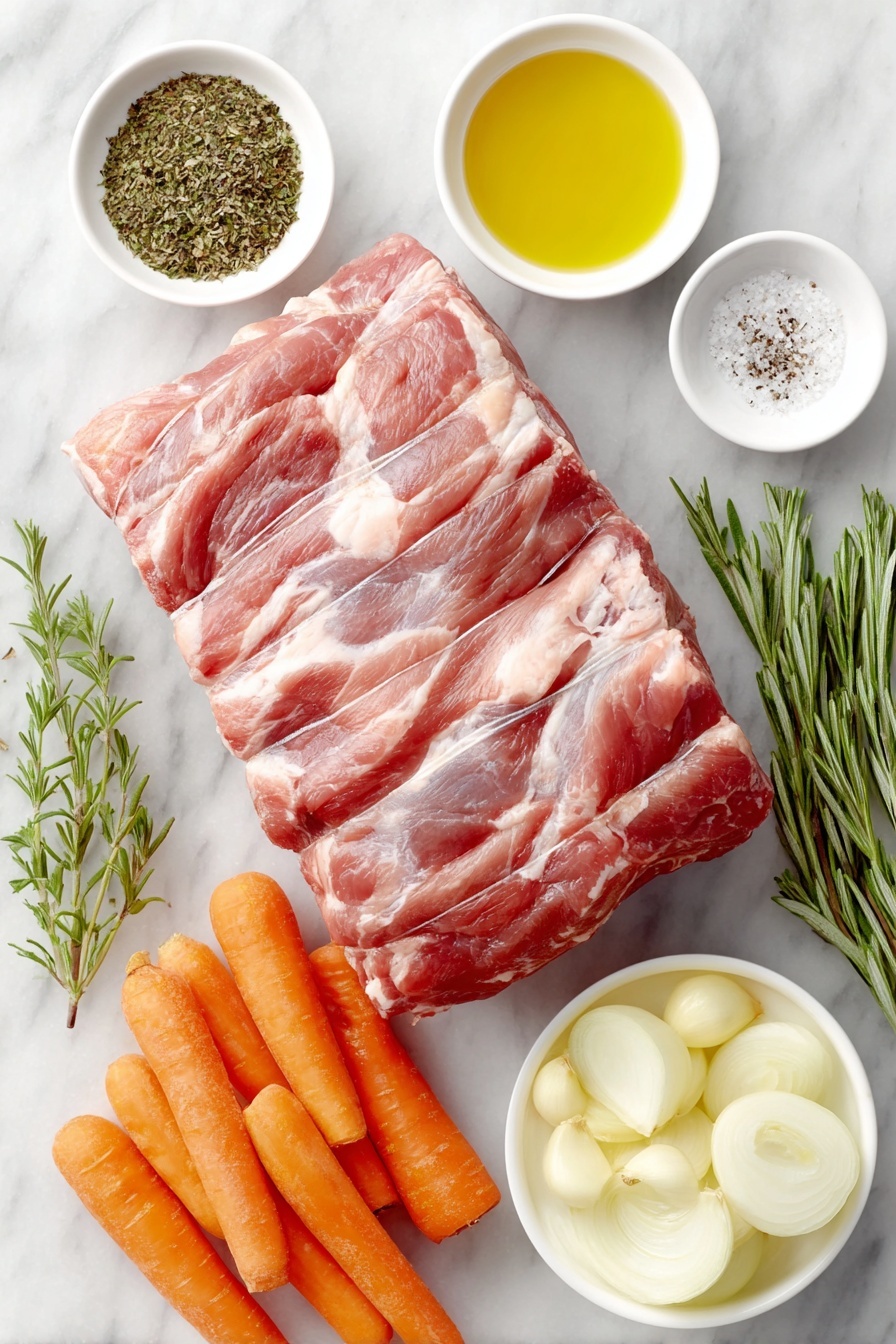 Garlic Herb Italian Pork Loin Roast, Italian pork roast with herbs and garlic, easy pork loin dinner recipes, flavorful oven-roasted pork, comforting pork roast recipe - Flat lay of a boneless pork loin roast with a thin layer of fat, eight fresh medium carrots halved lengthwise, two medium quartered yellow onions, five peeled whole garlic cloves, a small white ceramic bowl of golden olive oil, a small white bowl containing mixed dried herbs including crushed basil, thyme, rosemary, and Italian seasoning, a small white bowl of coarse salt crystals, and a small white bowl of freshly ground black pepper, all arranged symmetrically on a clean white marble surface, soft natural light, photo taken with an iPhone, professional food photography style, fresh ingredients, white ceramic bowls, no bottles, no duplicates, no utensils, no packaging --ar 2:3 --v 7 --p m7354615311229779997