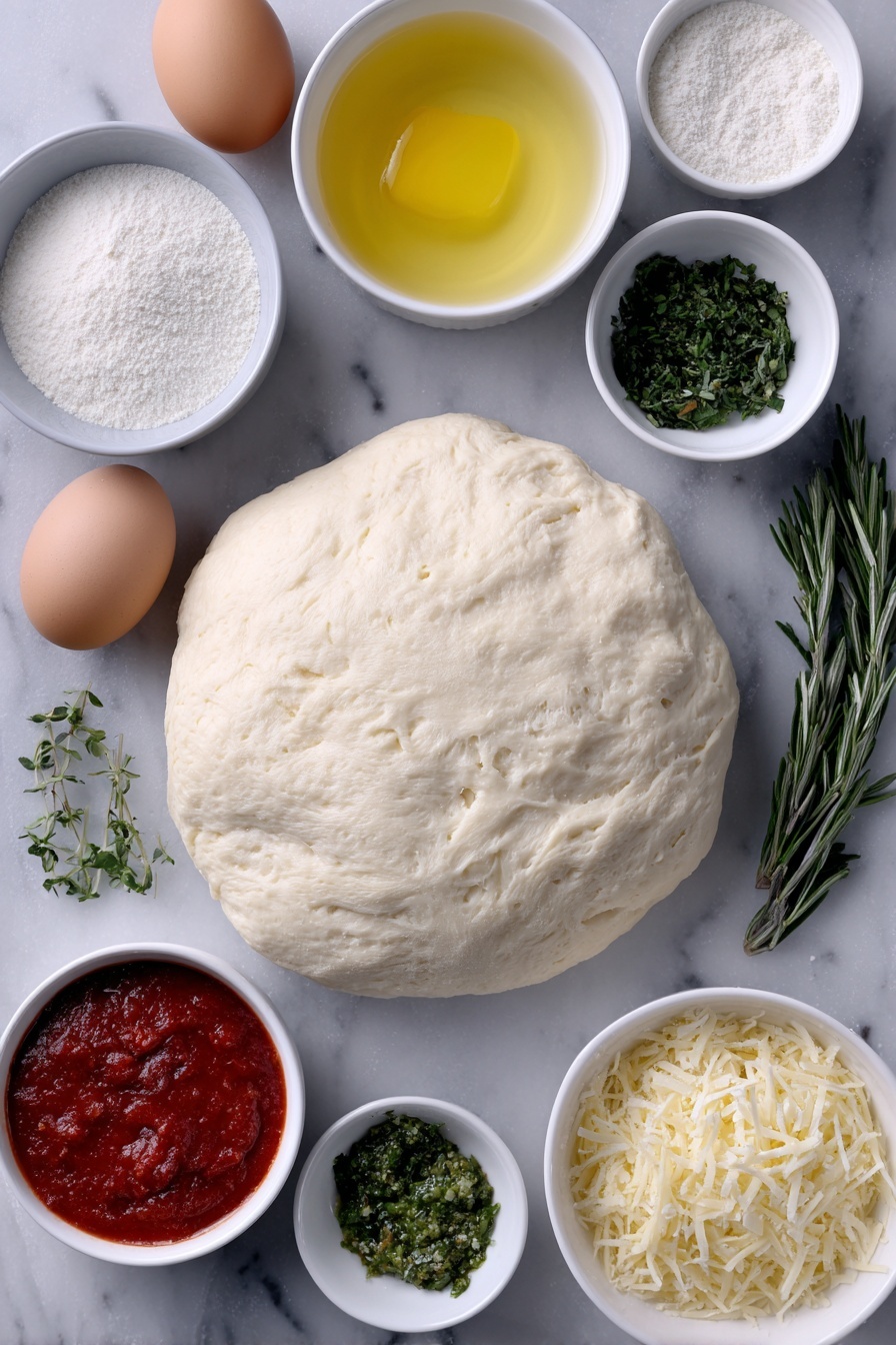 Cheesy Christmas Tree Bread, Christmas pull-apart bread, festive cheesy bread, holiday bread recipes, easy Christmas bread ideas - Flat lay of fresh unrolled pizza dough ball, several mozzarella cheese sticks, one large whole brown egg, small white bowl of water, small white bowl with melted butter, small white bowl with grated parmesan cheese, small white bowl with finely chopped fresh parsley, small white bowl with finely chopped fresh rosemary, small white bowl with finely chopped fresh basil, small white bowl with grated garlic, small white bowl of bright red marinara sauce, and small white bowl of green pesto sauce, all arranged symmetrically with perfect balance, placed on a clean white marble surface, soft natural light, photo taken with an iPhone, professional food photography style, fresh ingredients, white ceramic bowls, no bottles, no duplicates, no utensils, no packaging --ar 2:3 --v 7 --p m7354615311229779997