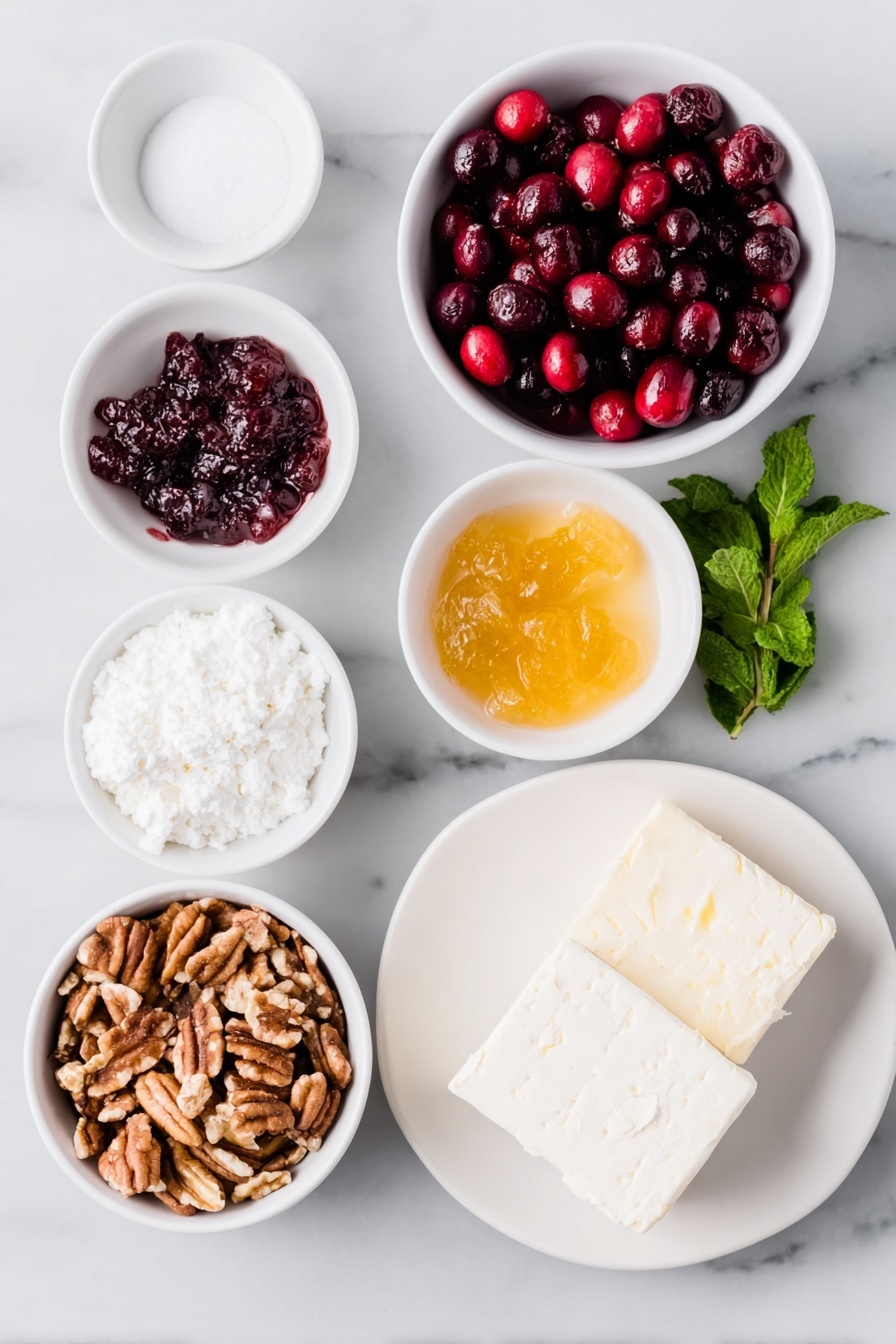 Cranberry Cream Cheese Dip, Holiday Dip Recipes, Easy Cranberry Dip, Festive Party Dips, Cream Cheese Cranberry Appetizer - Flat lay of fresh whole cranberries, a small white bowl of white sugar, a small white bowl of golden apricot preserves, a small white bowl of clear water, a small pile of chopped pecans, two blocks of smooth cream cheese with clean edges, a few buttery crackers, and a sprig of fresh mint, all arranged in perfect symmetry on simple white ceramic dishes and plates, placed on a clean white marble surface, soft natural light, photo taken with an iPhone, professional food photography style, fresh ingredients, white ceramic bowls, no bottles, no duplicates, no utensils, no packaging --ar 2:3 --v 7 --p m7354615311229779997