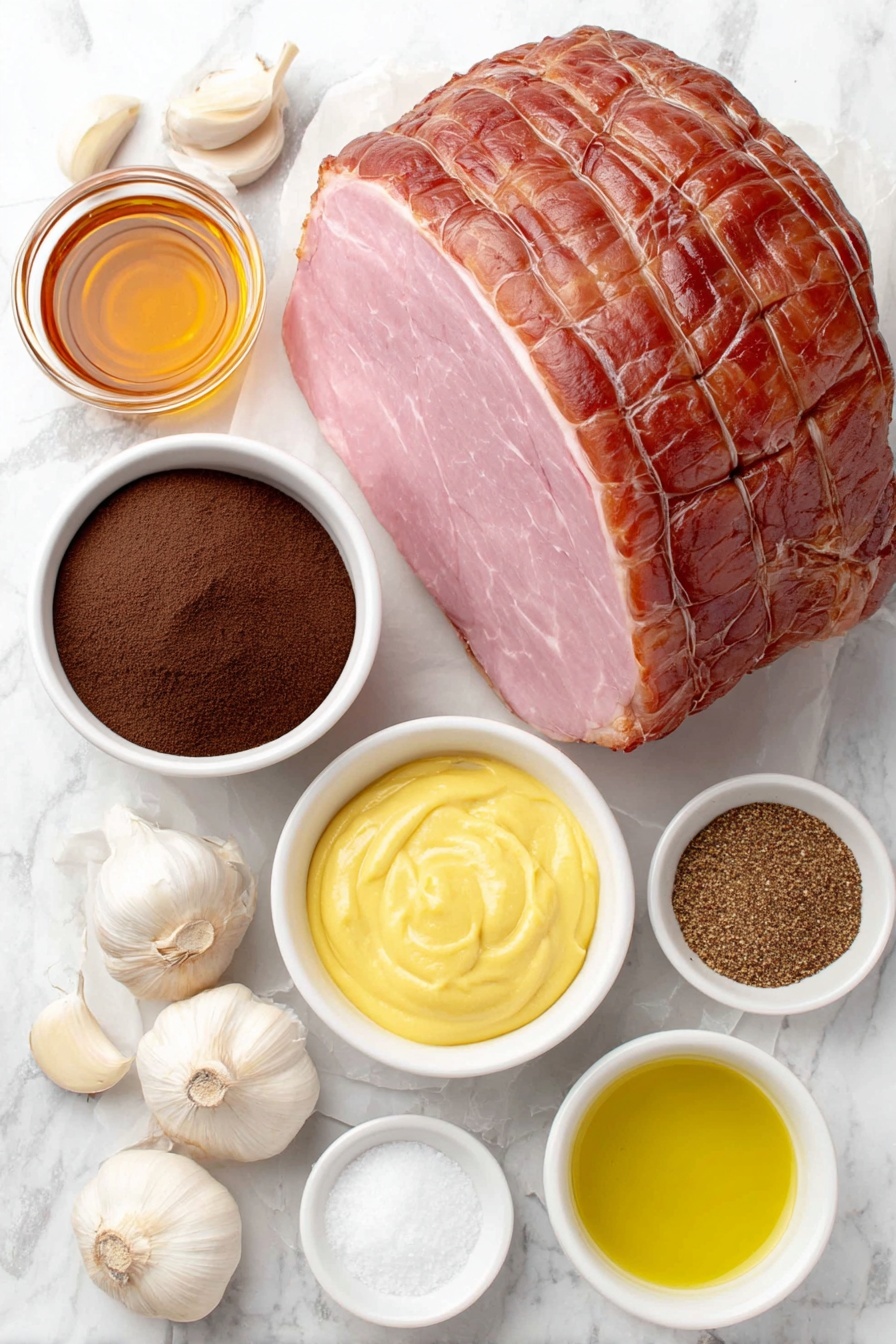 Brown Sugar Mustard Glazed Ham, ham glaze recipe, easy holiday ham, caramelized ham, flavorful glazed ham - Flat lay of a large bone-in cooked ham with a rich pink glaze visible on the surface, a small white bowl of thick golden honey, a small white bowl filled with dark brown soft brown sugar, a small white bowl of smooth pale yellow Dijon mustard, a small white bowl of melted golden butter, four whole fresh garlic bulbs with some cloves separated but intact, two small white bowls containing fine ground cinnamon and ground cloves, and a small white bowl of clear water droplets, all arranged with perfect symmetry on a clean white marble surface, soft natural light, photo taken with an iPhone, professional food photography style, fresh ingredients, white ceramic bowls, no bottles, no duplicates, no utensils, no packaging --ar 2:3 --v 7 --p m7354615311229779997