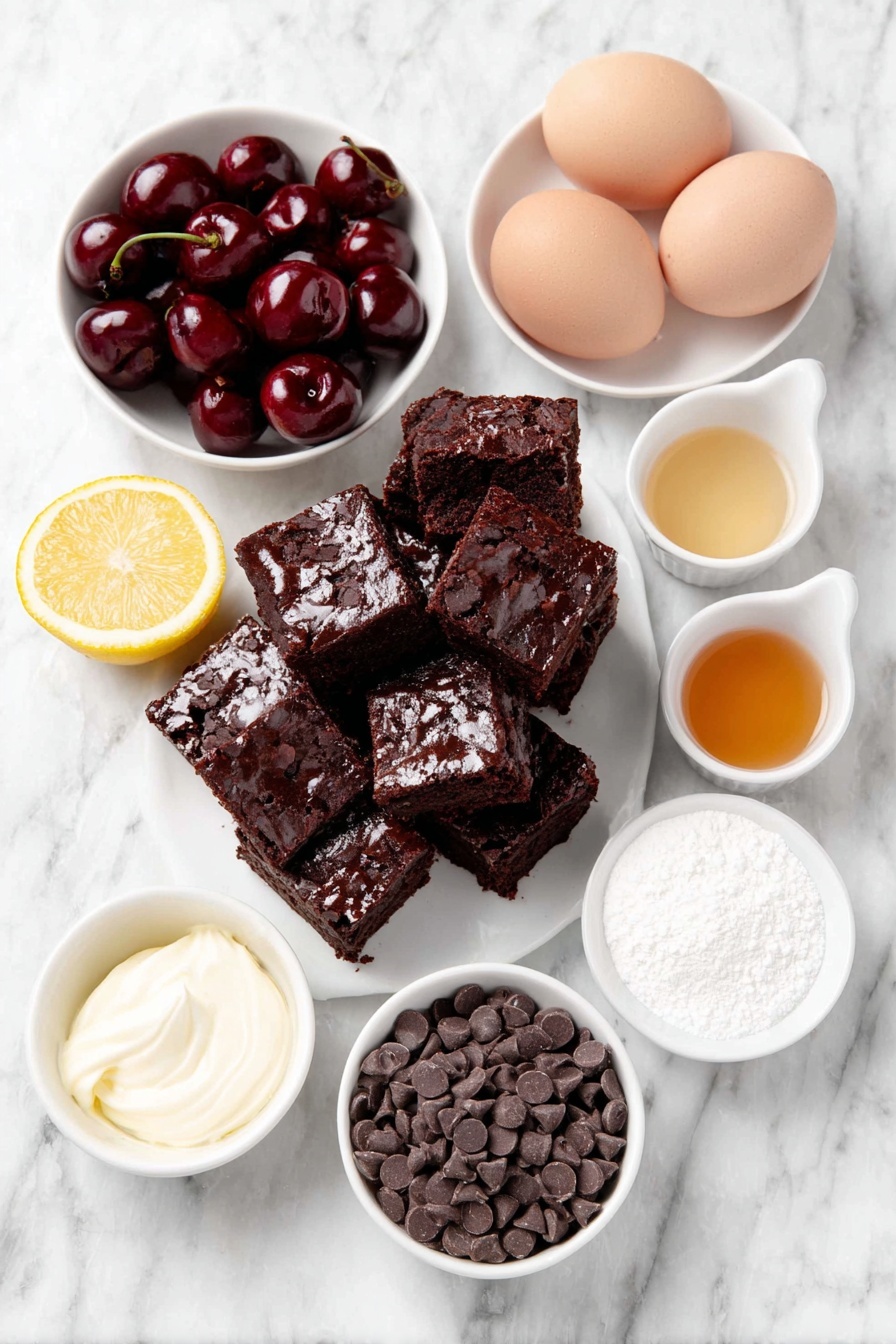 Black Forest Trifle Cherry Compote Recipe, chocolate cherry dessert, layered trifle with whipped cream, cherry chocolate dessert idea, easy holiday trifle - Flat lay of a small stack of rich chocolate cake cubes, a handful of glossy dark red pitted cherries, a small white bowl with a few tablespoons of granulated sugar, a small white bowl with a pale slurry of water and cornstarch, a lemon wedge, a tiny white bowl with light amber almond extract, a tiny white bowl of clear vanilla extract, a few whole brown eggs with clean shells, a small white bowl filled with cold heavy whipping cream, another small white bowl with fine white confectioners sugar, and a small handful of shiny mini semi-sweet chocolate chips, all arranged symmetrically with perfect proportions on a clean white marble surface, soft natural light, photo taken with an iPhone, professional food photography style, fresh ingredients, white ceramic bowls, no bottles, no duplicates, no utensils, no packaging --ar 2:3 --v 7 --p m7354615311229779997