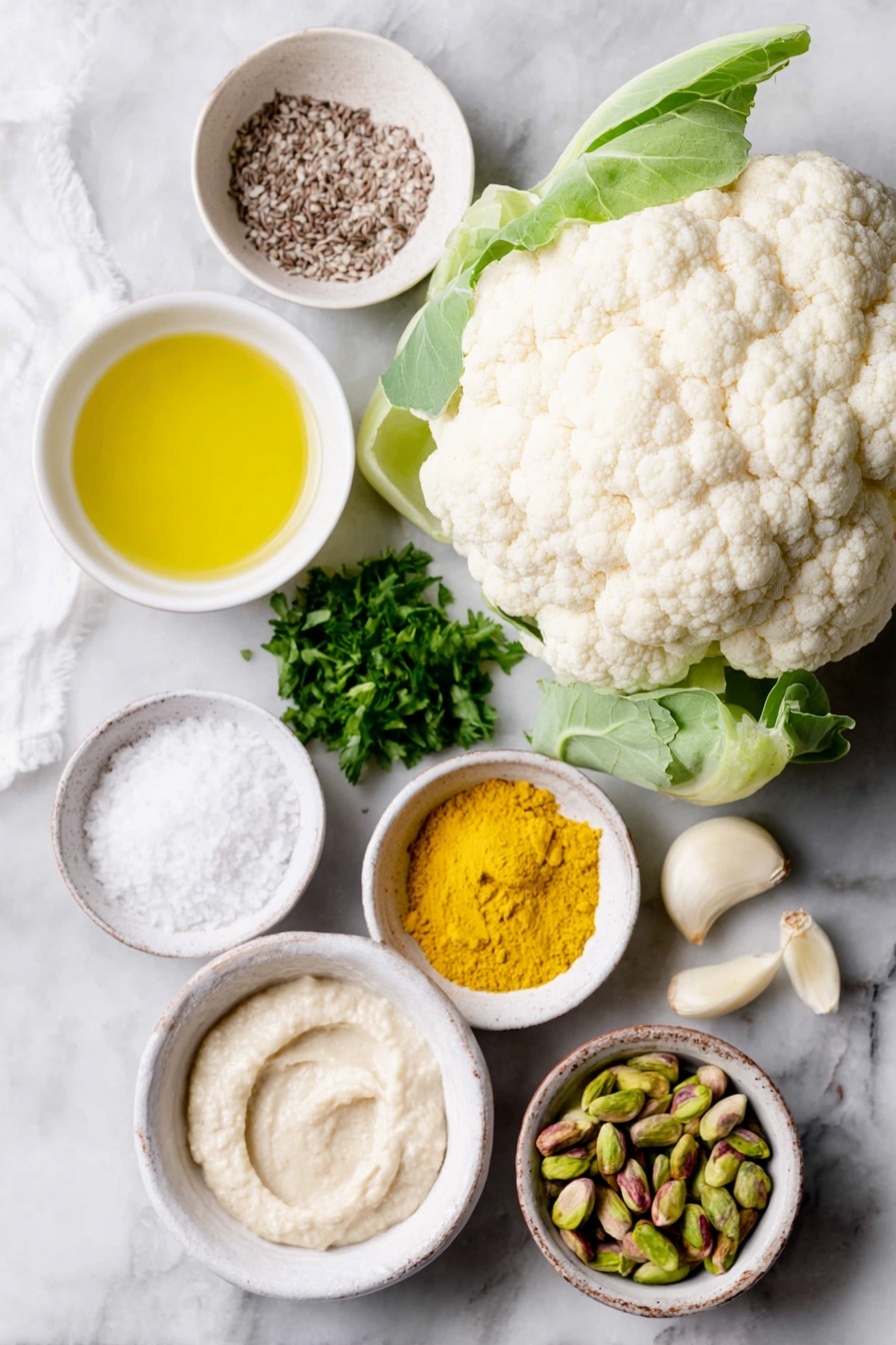 Roasted Cauliflower with Tahini Sauce, roasted cauliflower recipe, tahini sauce recipe, roasted cauliflower with tahini, healthy roasted cauliflower dish - Flat lay of a medium whole cauliflower head with some green leaves attached, a small white ceramic bowl of golden olive oil, a small white ceramic bowl containing vibrant yellow turmeric powder, a small white ceramic bowl with whole cumin seeds, a small white ceramic bowl of flaky sea salt, a small white ceramic bowl filled with creamy beige tahini paste, a small white ceramic bowl of fresh lemon juice with tiny pulp bits visible, a small white ceramic bowl holding a peeled garlic clove, a small white ceramic bowl of roughly chopped bright green flat-leaf parsley, a small white ceramic bowl of roughly chopped fresh mint leaves, a small white ceramic bowl of shelled green pistachios, all perfectly arranged symmetrically and balanced, placed on a clean white marble surface, soft natural light, photo taken with an iPhone, professional food photography style, fresh ingredients, white ceramic bowls, no bottles, no duplicates, no utensils, no packaging --ar 2:3 --v 7 --p m7354615311229779997