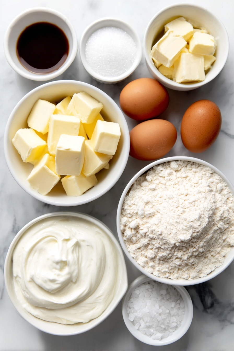 Homemade Angel Biscuits, fluffy homemade biscuits, buttery biscuit recipe, layered biscuit recipe, easy breakfast biscuits - Flat lay of a small white ceramic bowl of warm water, a small white ceramic bowl of granulated sugar, two brown eggs with clean shells, a small white ceramic bowl of rapid rise instant yeast granules, a small white ceramic bowl filled with all-purpose flour, a small white ceramic bowl of unsalted butter chopped into small cubes, a small white ceramic bowl of butter-flavored shortening chunks, a small white ceramic bowl of buttermilk, a small white ceramic bowl of heavy whipping cream, and a small white ceramic bowl of salt crystals, all arranged with perfect symmetry, fresh and natural, placed on a clean white marble surface, soft natural light, photo taken with an iPhone, professional food photography style, fresh ingredients, white ceramic bowls, no bottles, no duplicates, no utensils, no packaging --ar 2:3 --v 7 --p m7354615311229779997