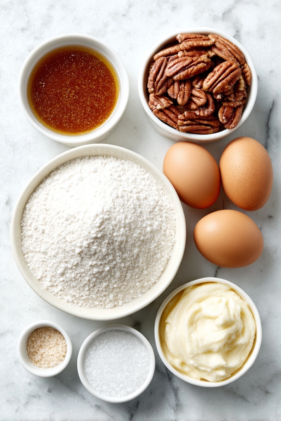 Old-Fashioned Divinity Candy, easy divinity candy recipe, fluffy divinity candy, homemade divinity candy, classic holiday candies - Flat lay of three whole uncracked brown eggs, a small mound of white granulated sugar on a simple white ceramic plate, a small white ceramic bowl filled with clear light corn syrup, a small white ceramic bowl of clear water, a few pecan halves scattered neatly on a white ceramic dish, a tiny white ceramic bowl with fine white salt crystals, and a small white ceramic bowl containing smooth vanilla bean paste, all arranged symmetrically and balanced, placed on a clean white marble surface, soft natural light, photo taken with an iPhone, professional food photography style, fresh ingredients, white ceramic bowls, no bottles, no duplicates, no utensils, no packaging --ar 2:3 --v 7 --p m7354615311229779997