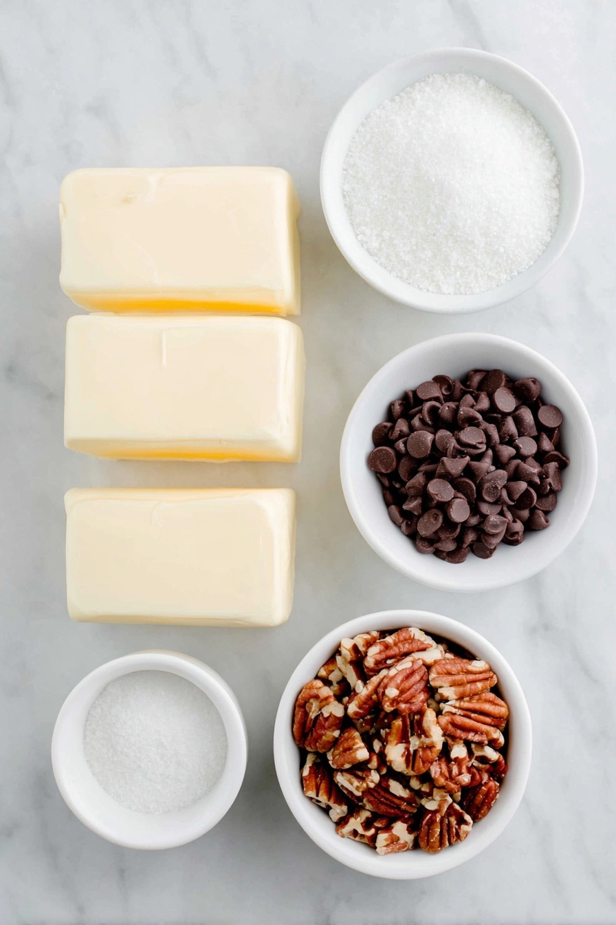 Homemade Toffee with Chocolate and Pecans, chocolate pecan toffee, easy homemade toffee, caramel toffee with nuts, rich chocolate toffee bites - Flat lay of two sticks of fresh unsalted butter with clean edges, a small white ceramic bowl filled with granulated sugar, a small white ceramic bowl heaped with glossy semisweet chocolate chips, and a small white ceramic bowl holding finely chopped pecans, all arranged symmetrically on a clean white marble surface, soft natural light, photo taken with an iPhone, professional food photography style, fresh ingredients, white ceramic bowls, no bottles, no duplicates, no utensils, no packaging --ar 2:3 --v 7 --p m7354615311229779997