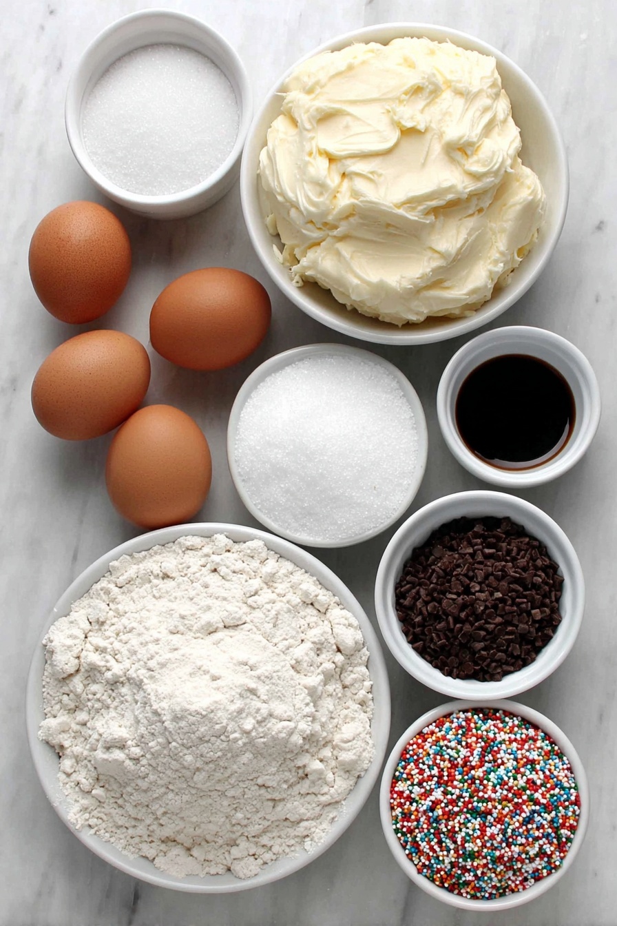 Festive Pinwheel Cookies, holiday swirl cookies, Christmas cookie recipes, easy holiday cookies, buttery pinwheel cookies - Flat lay of a small mound of softened salted butter, a small white bowl filled with granulated sugar, another small white bowl with powdered sugar, two whole uncracked brown eggs, a small white bowl of vanilla extract, a heaping pile of all-purpose flour, a small white bowl containing baking powder, a small white bowl with salt, a small white bowl holding vibrant red gel food coloring, a small white bowl with rich green gel food coloring, and a small white bowl filled with colorful holiday nonpareils, all arranged symmetrically on a clean white marble surface, soft natural light, photo taken with an iPhone, professional food photography style, fresh ingredients, white ceramic bowls, no bottles, no duplicates, no utensils, no packaging --ar 2:3 --v 7 --p m7354615311229779997