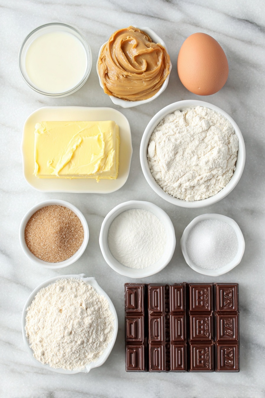 Reese's Peanut Butter Cookie Bites, peanut butter chocolate cookies, no-bake peanut butter treats, easy cookie bites, chocolate peanut butter snack - Flat lay of creamy peanut butter in a smooth dollop, a small mound of soft salted butter, two small heaps of granulated sugar and brown sugar side by side, one whole uncracked brown egg, a small white ceramic bowl filled with milk, a small white bowl containing clear vanilla extract, a neat pile of all-purpose flour, a small white bowl with baking powder, a tiny heap of salt, and a neat stack of Reese’s Peanut Butter Thins arranged in a simple row, all placed on a clean white marble surface, soft natural light, photo taken with an iPhone, professional food photography style, fresh ingredients, white ceramic bowls, no bottles, no duplicates, no utensils, no packaging --ar 2:3 --v 7 --p m7354615311229779997