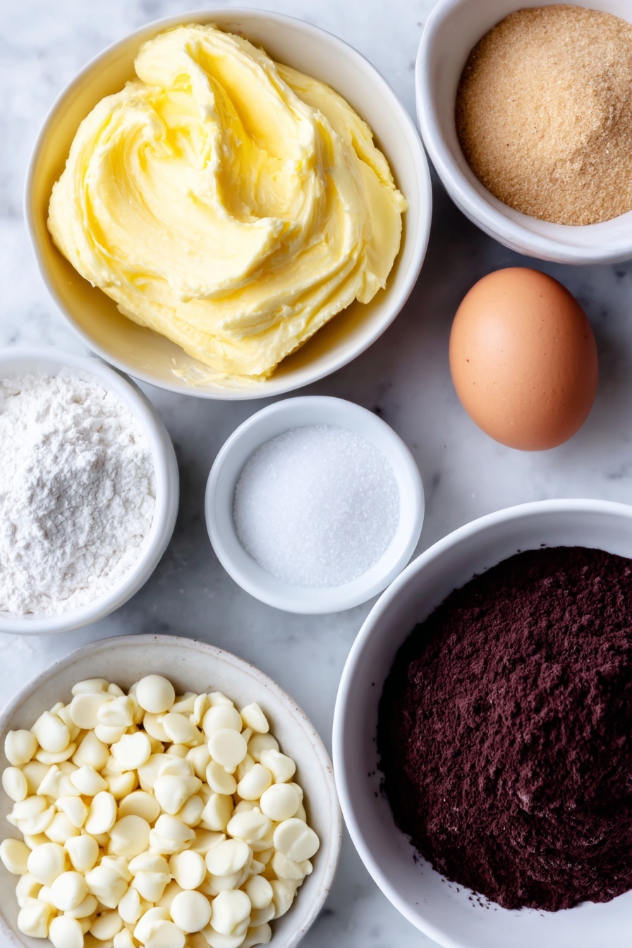 Inside Out Chocolate Chip Cookies, chocolate chip cookies recipe, fudgy chocolate cookies, white chocolate cookies, unique cookie recipes - Flat lay of a small white ceramic bowl of softened golden butter, a small white ceramic bowl of white granulated sugar, a small white ceramic bowl of packed light brown sugar, one large whole egg with a clean shell, a small white ceramic bowl of pure vanilla extract, a small white ceramic bowl of all-purpose flour, a small white ceramic bowl of rich dark cocoa powder, a small white ceramic bowl of fine baking soda, a small white ceramic bowl of fine salt, a small white ceramic bowl of creamy milk, a small white ceramic bowl filled with white chocolate chips scattered naturally, all arranged symmetrically and balanced, placed on a clean white marble surface, soft natural light, photo taken with an iPhone, professional food photography style, fresh ingredients, white ceramic bowls, no bottles, no duplicates, no utensils, no packaging --ar 2:3 --v 7 --p m7354615311229779997