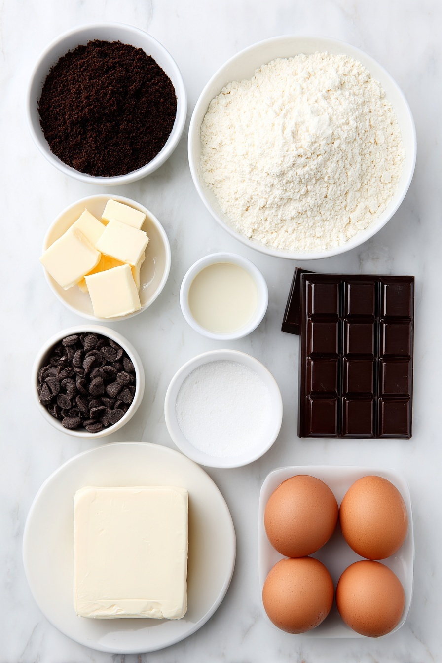 Chocolate Cheesecake Bars with Oreo Crust, Oreo Cheesecake Bars, Chocolate Dessert Recipes, No-Bake Cheesecake with Oreo, Fudgy Oreo Cheesecake Bars - Flat lay of a small white ceramic bowl filled with fine Oreo crumbs made from black and white sandwich cookies, next to a few squares of unsalted golden melted butter on a simple white ceramic plate; a block of creamy white cream cheese with a smooth surface on a white ceramic dish, accompanied by a small white bowl of fine white granulated sugar, and another small white bowl holding dark brown unsweetened cocoa powder; a broken dark glossy chocolate bar with rich texture on a white ceramic plate; a small white bowl containing thick pale heavy cream next to a tiny white bowl with clear vanilla extract; four large brown eggs with clean, uncracked shells arranged neatly on a white ceramic plate; and a small white bowl filled with shiny semi-sweet chocolate chips alongside another small white bowl of rich heavy cream—all ingredients fresh and natural, perfectly symmetrical and balanced, placed on a clean white marble surface, soft natural light, photo taken with an iPhone, professional food photography style, fresh ingredients, white ceramic bowls, no bottles, no duplicates, no utensils, no packaging --ar 2:3 --v 7 --p m7354615311229779997