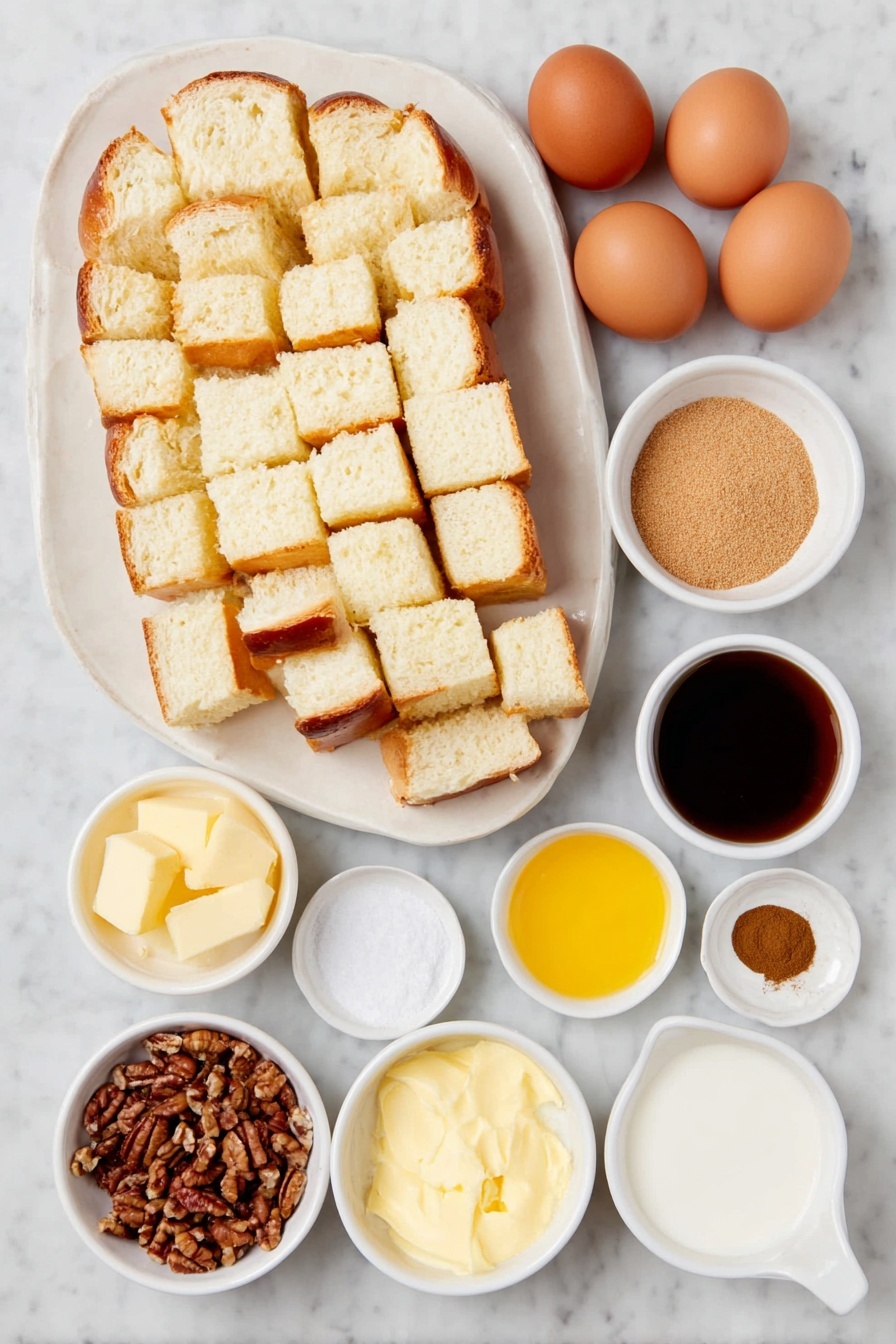 Easy French Toast Casserole, French Toast Casserole, Breakfast Casserole Recipe, Make-Ahead Breakfast, Crowd-Pleasing Brunch Dish - Flat lay of a sliced loaf of challah bread cut into 1-inch cubes on a simple white ceramic plate, five whole uncracked brown eggs arranged neatly, a small white bowl of fresh milk, a small white bowl of golden brown sugar, a small white bowl of ground cinnamon, a small white bowl of ground nutmeg, a small white bowl of coarse sea salt, a small white bowl of amber maple syrup, a small white bowl of melted unsalted butter, and a small white bowl of chopped pecans, all placed on a clean white marble surface, soft natural light, photo taken with an iPhone, professional food photography style, fresh ingredients, white ceramic bowls, no bottles, no duplicates, no utensils, no packaging --ar 2:3 --v 7 --p m7354615311229779997