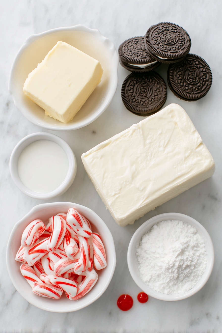 No Bake Peppermint Pie, festive peppermint dessert, easy Christmas pie, no-bake holiday dessert, peppermint cream cheese pie - Flat lay of a small pile of whole Oreos with visible cream filling, a handful of individually unwrapped red and white peppermint candy cane kisses, a small white ceramic bowl with melted unsalted butter, a block of full-fat cream cheese with smooth edges, a small white bowl filled with powdered sugar, a small white bowl of heavy cream, another small white bowl holding a clear vanilla extract liquid, a small white bowl with peppermint extract liquid, two small drops of vivid red food coloring on the white surface, all arranged symmetrically and proportionally in balance, placed on a clean white marble surface, soft natural light, photo taken with an iPhone, professional food photography style, fresh ingredients, white ceramic bowls, no bottles, no duplicates, no utensils, no packaging --ar 2:3 --v 7 --p m7354615311229779997