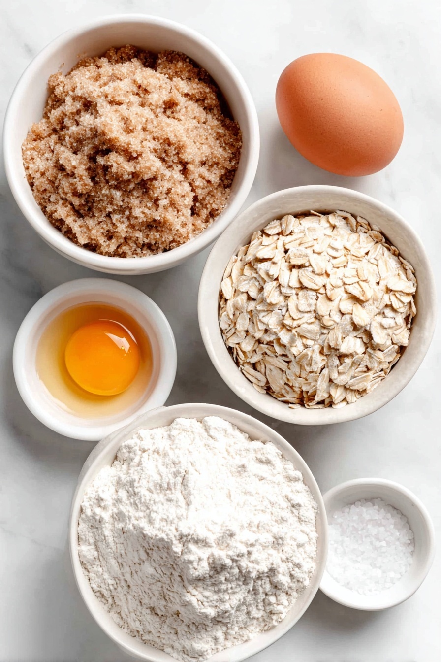 Delicious Lace Cookies, lace cookies recipe, crispy lace cookies, caramel lace cookies, nutty lace cookies - Flat lay of a small white ceramic bowl of light brown packed sugar, a small white ceramic bowl of pale all-purpose flour, a small white ceramic bowl of rolled oats, a small white ceramic bowl of golden melted butter, a single whole clean-shelled brown egg, a few drops of golden vanilla extract in a tiny white ceramic bowl, and a small white ceramic bowl of coarse salt, all arranged in perfect symmetry with balanced proportions, placed on a clean white marble surface, soft natural light, photo taken with an iPhone, professional food photography style, fresh ingredients, white ceramic bowls, no bottles, no duplicates, no utensils, no packaging --ar 2:3 --v 7 --p m7354615311229779997