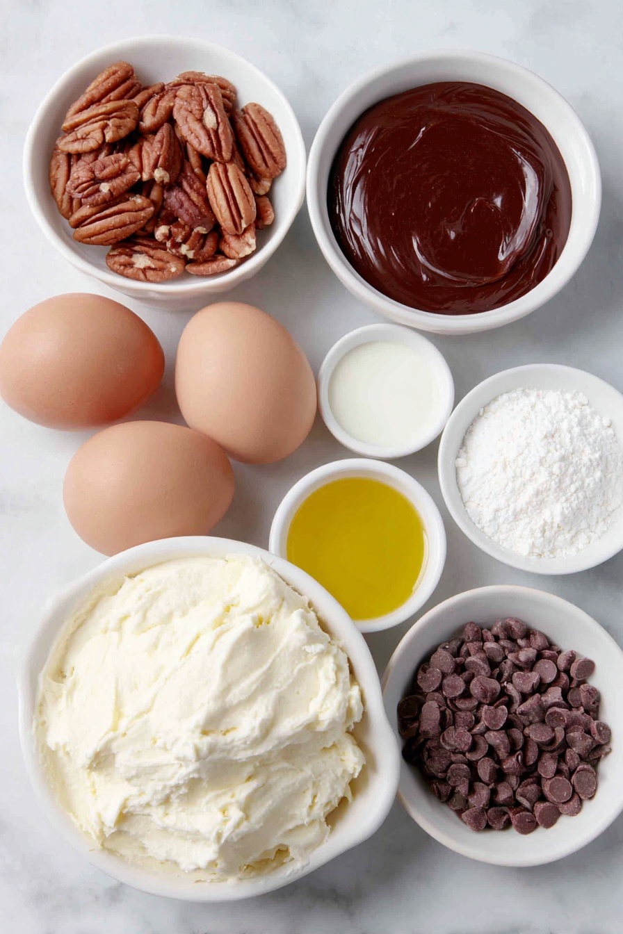 German Chocolate Poke Cake, chocolate poke cake, coconut pecan cake, easy German chocolate cake, decadent chocolate dessert - Flat lay of three whole brown eggs with clean shells, a small pile of unshelled pecans, a small white ceramic bowl of glossy mini chocolate chips, a small white ceramic bowl of thick sweetened condensed milk, a small white ceramic bowl of rich hot fudge sauce, a tub of creamy coconut pecan frosting with visible coconut flakes and pecan pieces beside it, and a small white ceramic bowl containing golden vegetable oil, all arranged symmetrically on a clean white marble surface, soft natural light, photo taken with an iPhone, professional food photography style, fresh ingredients, white ceramic bowls, no bottles, no duplicates, no utensils, no packaging --ar 2:3 --v 7 --p m7354615311229779997