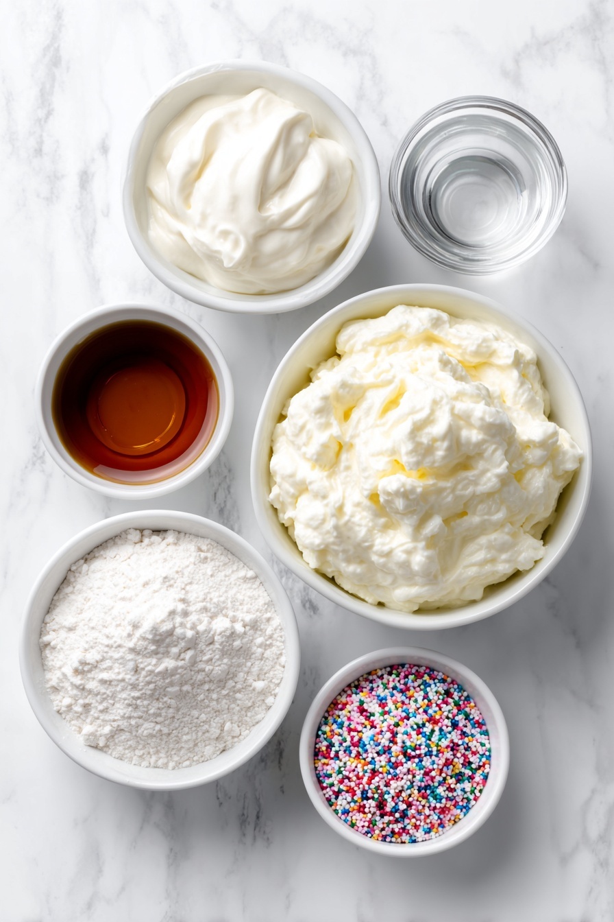 Easy Protein Dunkaroo Dip, healthy dip recipes, quick protein snacks, Greek yogurt dip, nostalgic dessert dip - Flat lay of a small white ceramic bowl filled with creamy plain Greek yogurt, a tiny white bowl holding clear vanilla extract, a small white bowl heaped with fine vanilla whey protein powder, a small white bowl containing amber-colored maple syrup, and a small white bowl brimming with colorful rainbow sprinkles, all ingredients fresh and natural, perfectly arranged in balanced symmetry, placed on a clean white marble surface, soft natural light, photo taken with an iPhone, professional food photography style, fresh ingredients, white ceramic bowls, no bottles, no duplicates, no utensils, no packaging --ar 2:3 --v 7 --p m7354615311229779997