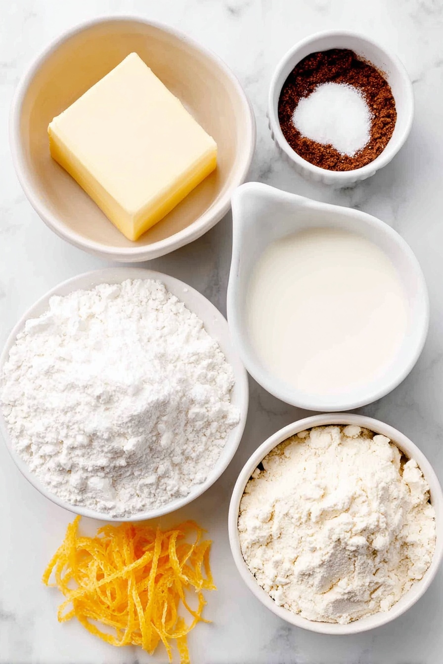 Cardamom Shortbread Cookies with Orange Glaze, fragrant shortbread cookies, orange glaze cookie recipe, aromatic holiday cookies, easy shortbread with citrus glaze - Flat lay of a small square of salted butter, a small white bowl of fine powdered sugar, a small white bowl with golden ground cardamom powder, a neat pile of all-purpose flour, a small white bowl of bright orange juice, a small white bowl of fresh milk, a few strips of fresh orange zest, placed on a clean white marble surface, soft natural light, photo taken with an iPhone, professional food photography style, fresh ingredients, white ceramic bowls, no bottles, no duplicates, no utensils, no packaging --ar 2:3 --v 7 --p m7354615311229779997